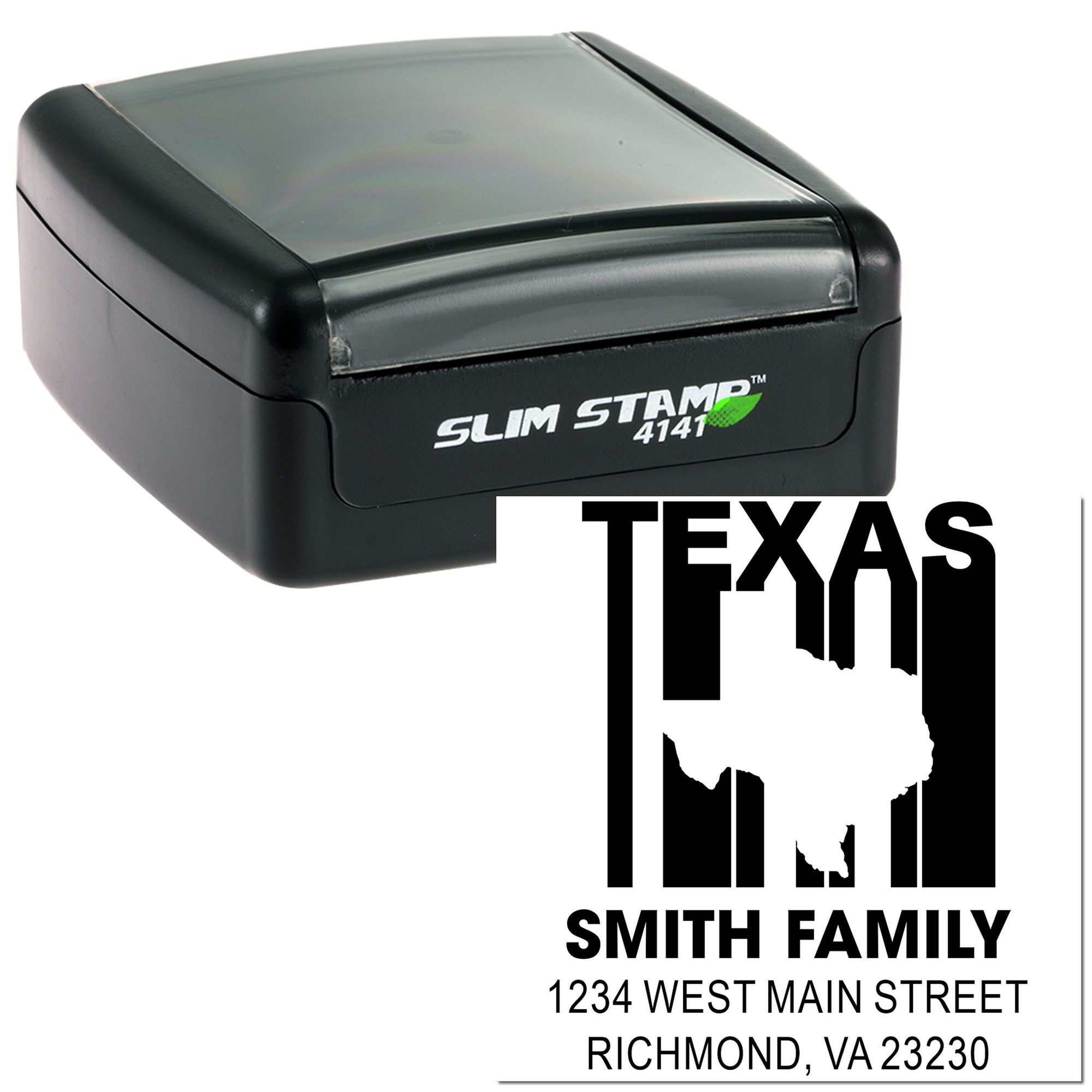 Custom Texas return address rubber stamp with Smith Family name and address, slim self-inking stamp for mailing envelopes