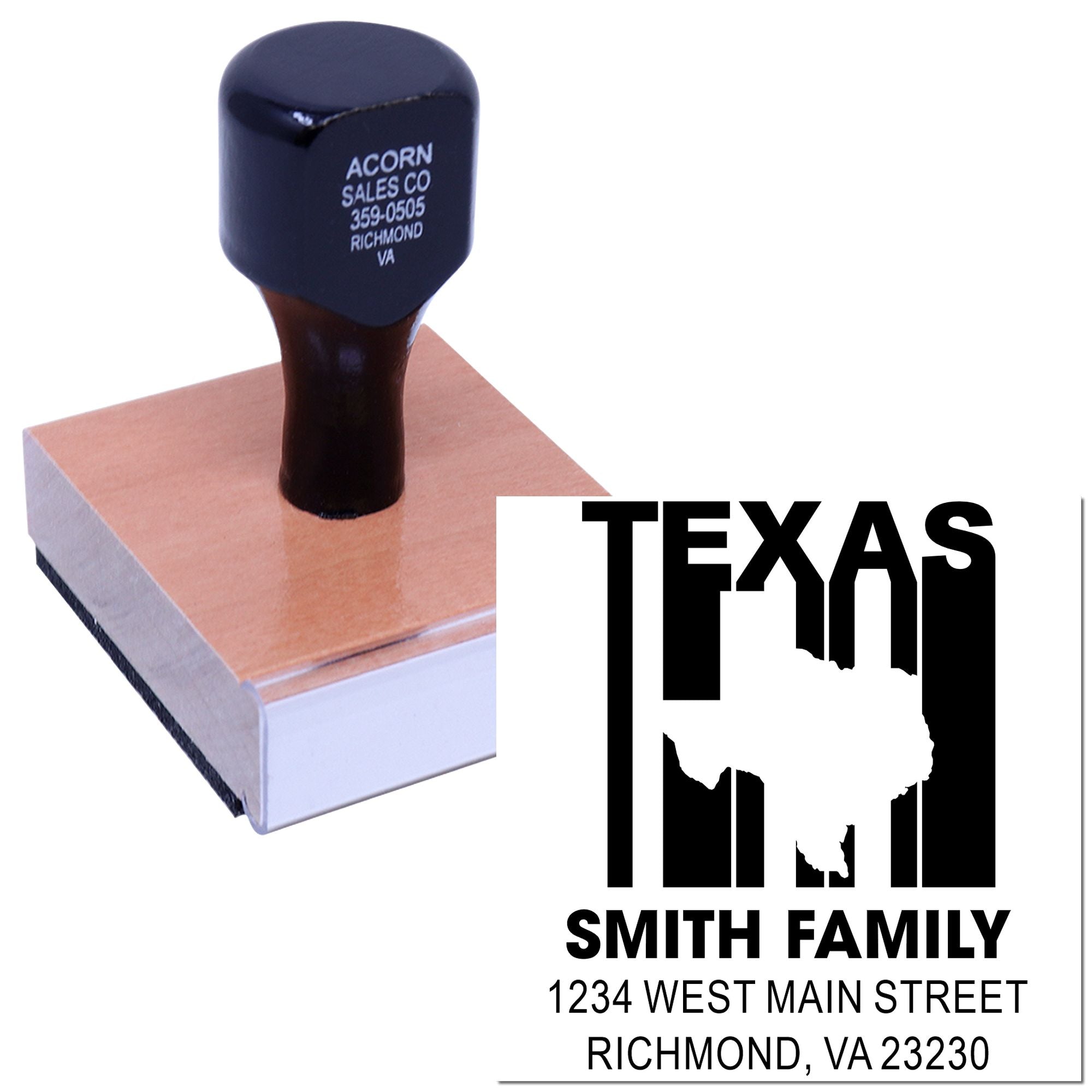 Custom Texas return address rubber stamp with state outline, Smith Family name, and mailing address for personalized mailings