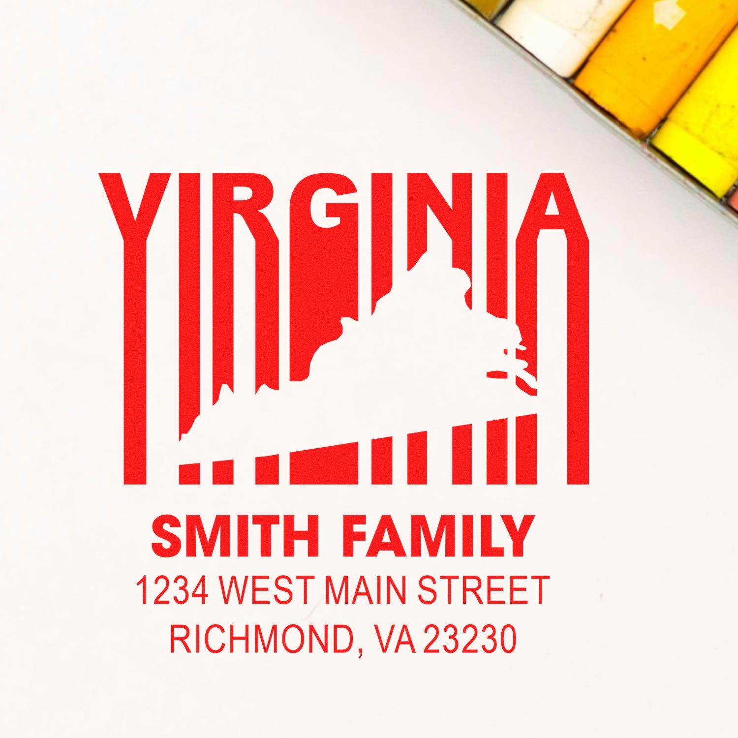 Custom Virginia return address rubber stamp for Smith Family, Richmond VA 23230, with state silhouette.