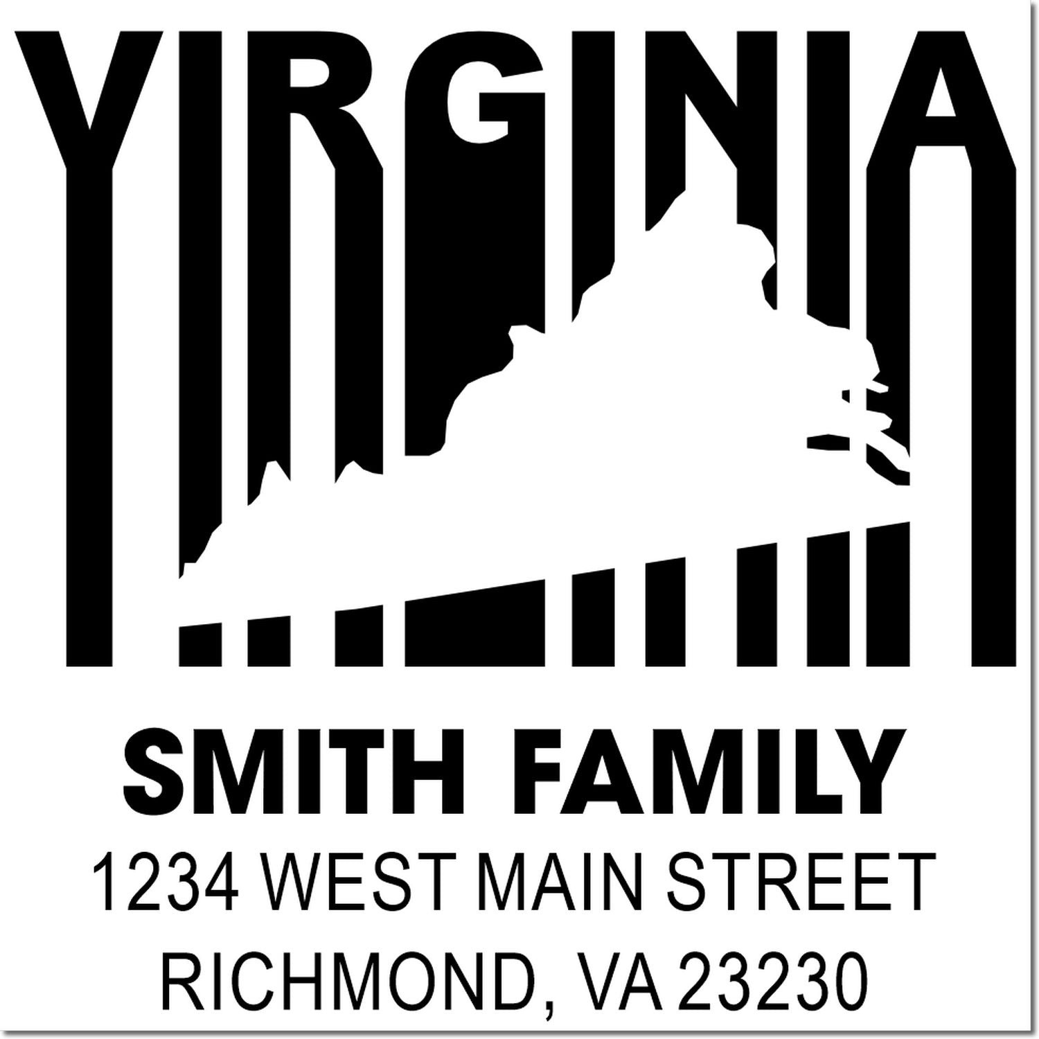 Custom Virginia family address rubber stamp with state outline, Smith Family, 1234 West Main Street, Richmond, VA 23230.