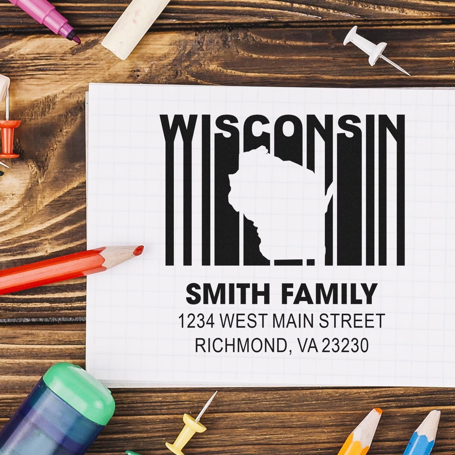 Personalized Wisconsin return address rubber stamp with Smith Family name and custom mailing address for envelopes and crafts.