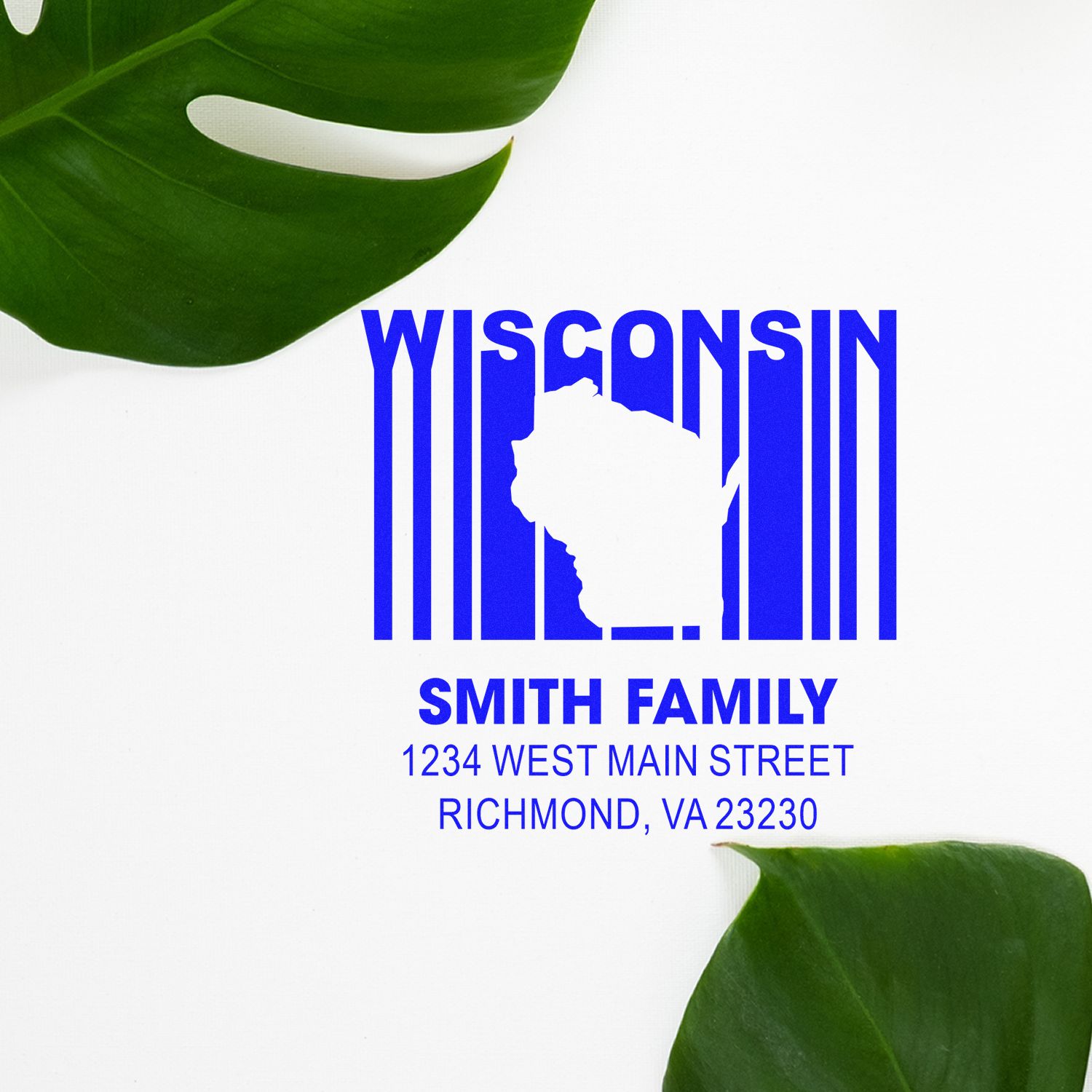 Personalized Wisconsin address rubber stamp with state silhouette, Smith Family, and Richmond, VA return address.