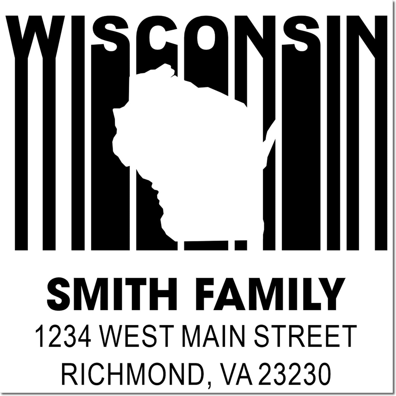 Custom Wisconsin return address rubber stamp with state silhouette, Smith Family, and Richmond, VA 23230.