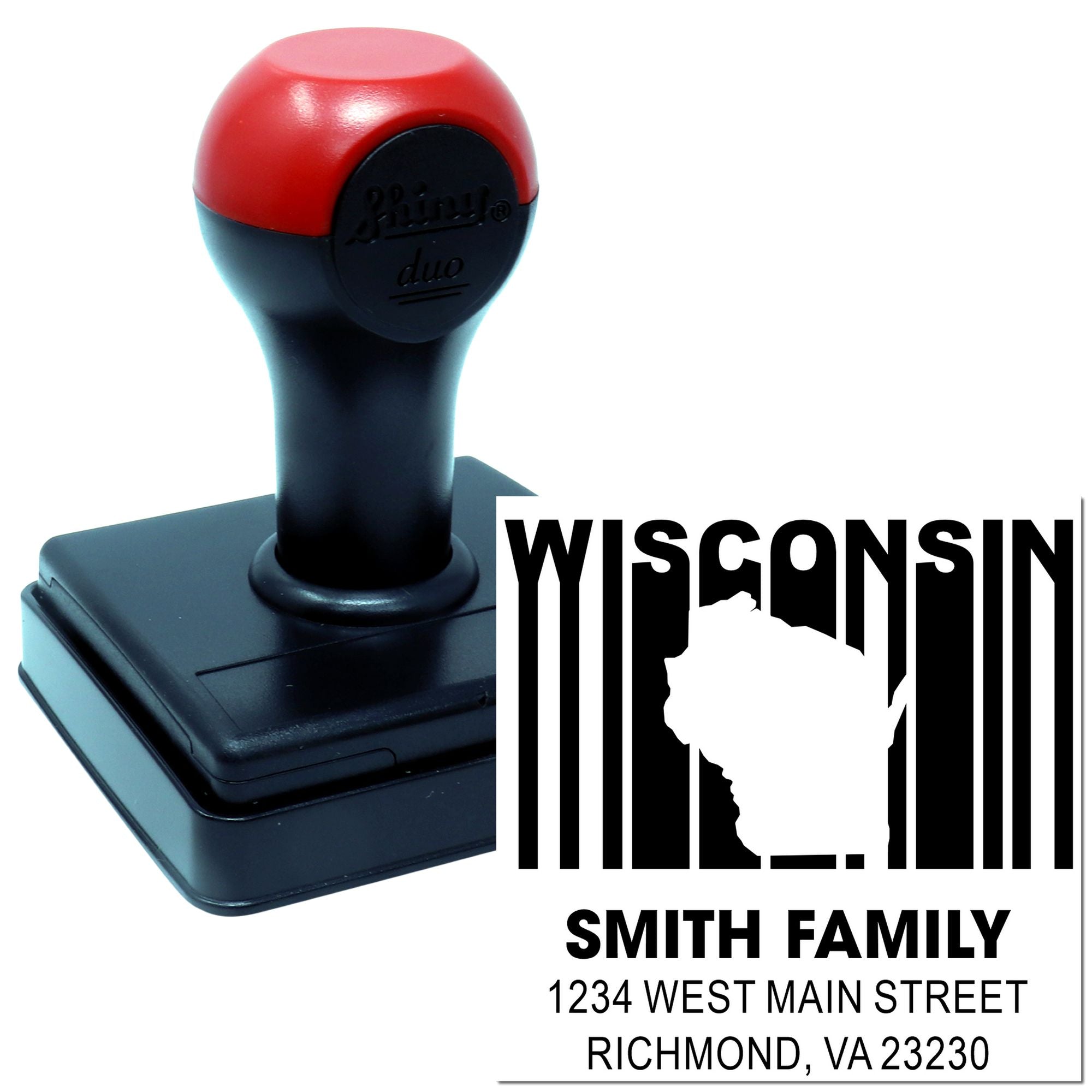 Custom self-inking rubber stamp for Wisconsin return address, personalized with Smith Family name and street address.