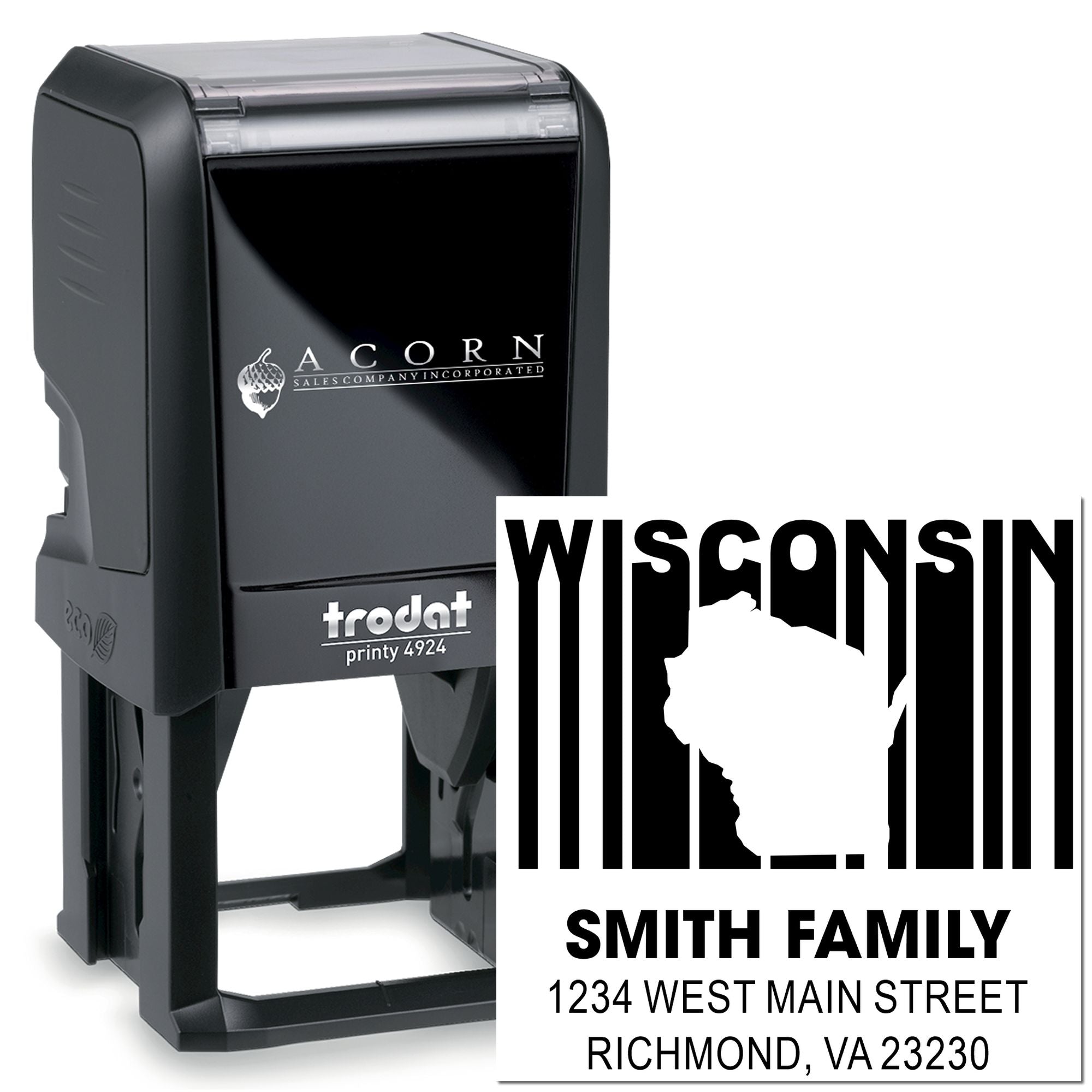 Personalized self-inking rubber stamp with Wisconsin state design for Smith family address, custom return mail, and mailing labels.
