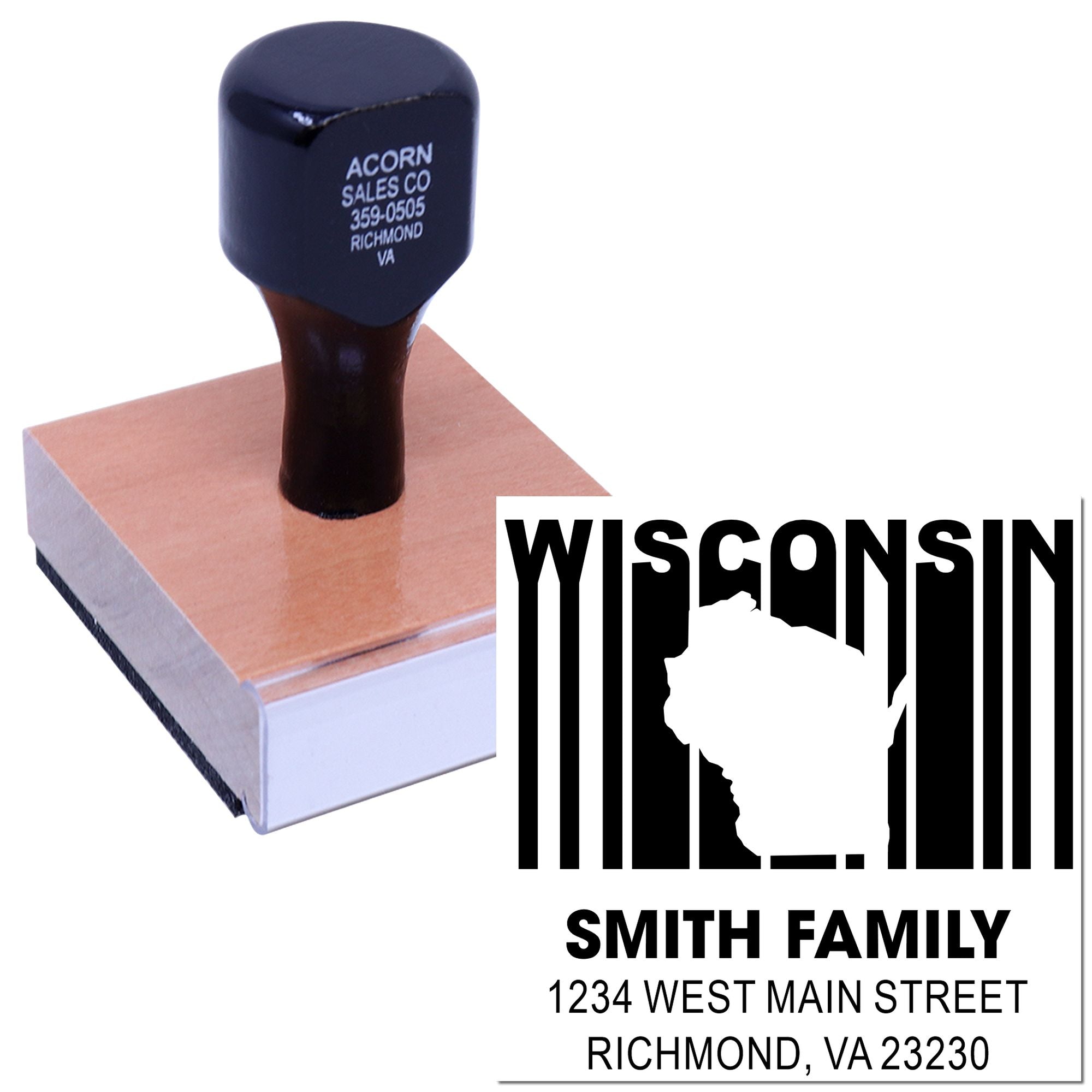 Custom Wisconsin family address rubber stamp for personalized mailing, featuring name, street address, city, and state design.