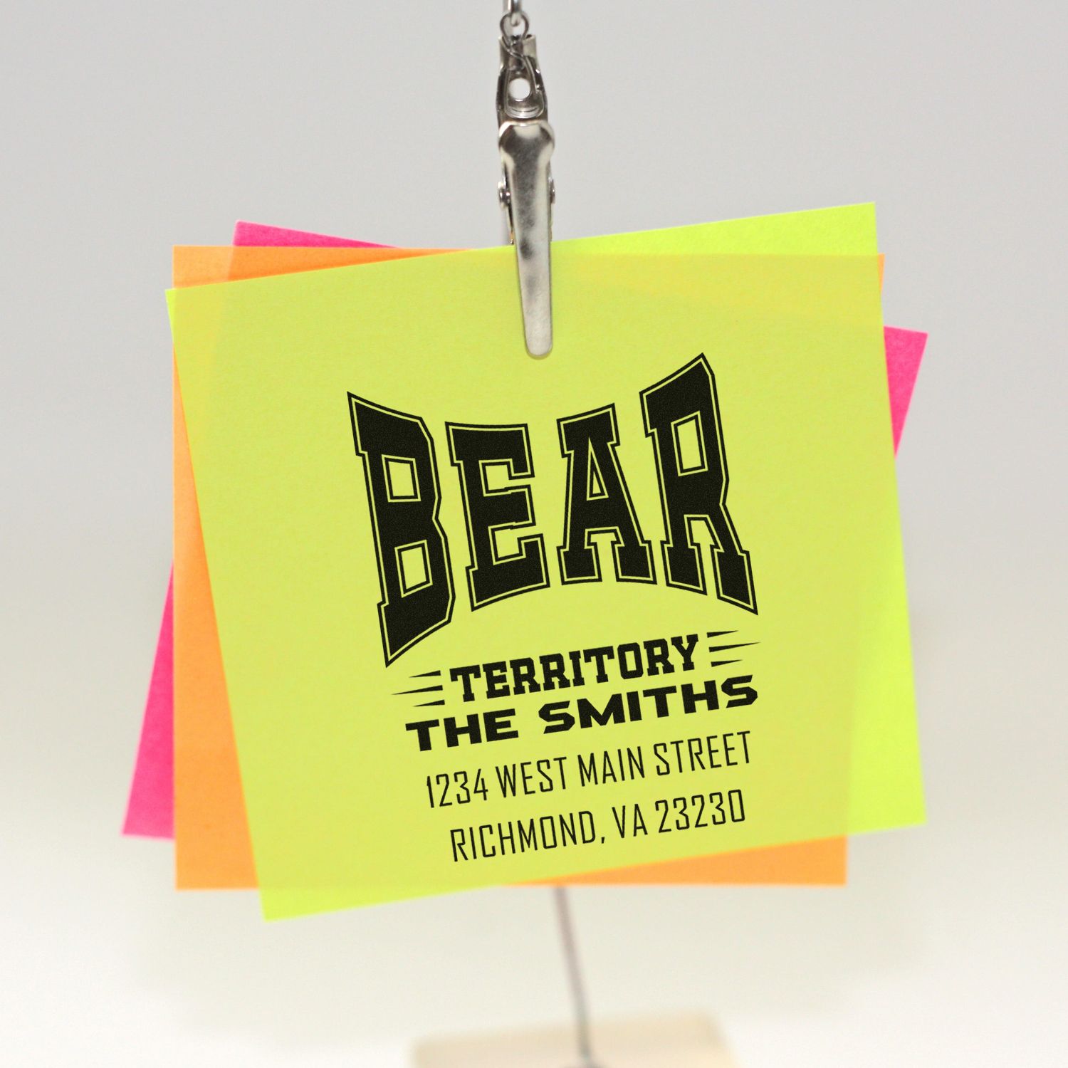 Custom return address rubber stamp on neon note cards, reading Bear Territory The Smiths with Richmond, VA address.