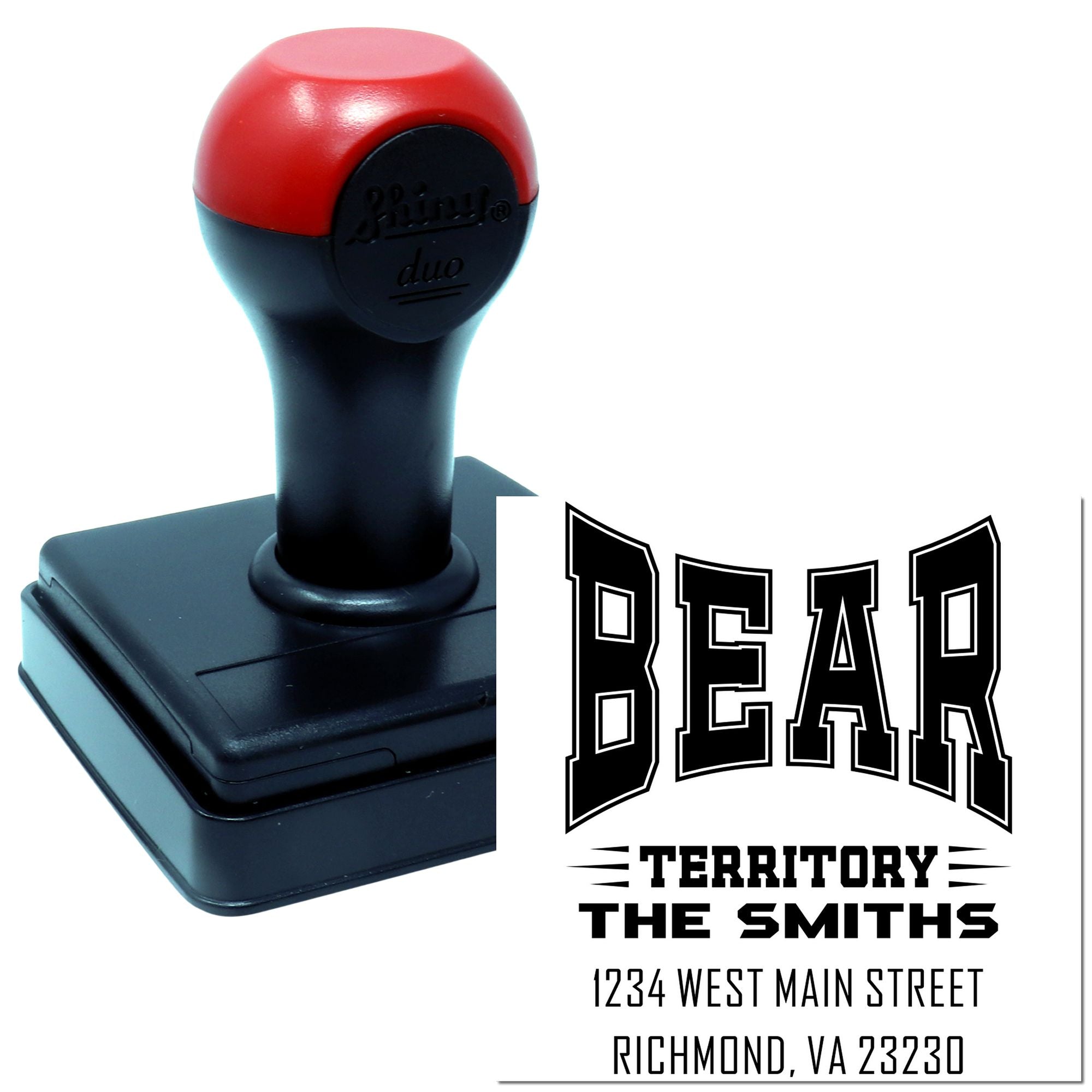 Custom self-inking rubber stamp with Bear Territory design, family name and address imprint for personalized mailing.