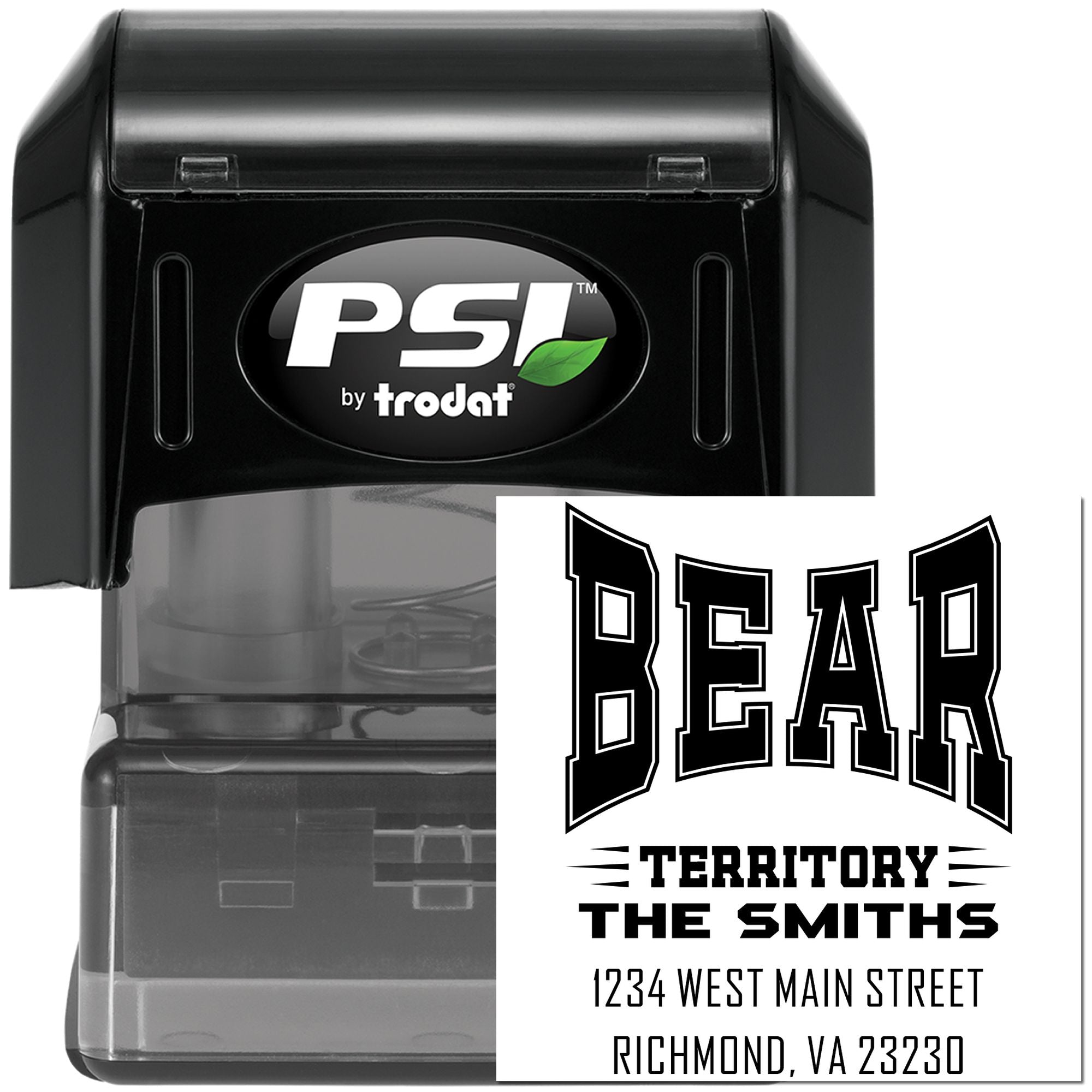 Custom self-inking rubber stamp by PSI Trodat with Bear Territory design and Smiths family return address imprint.