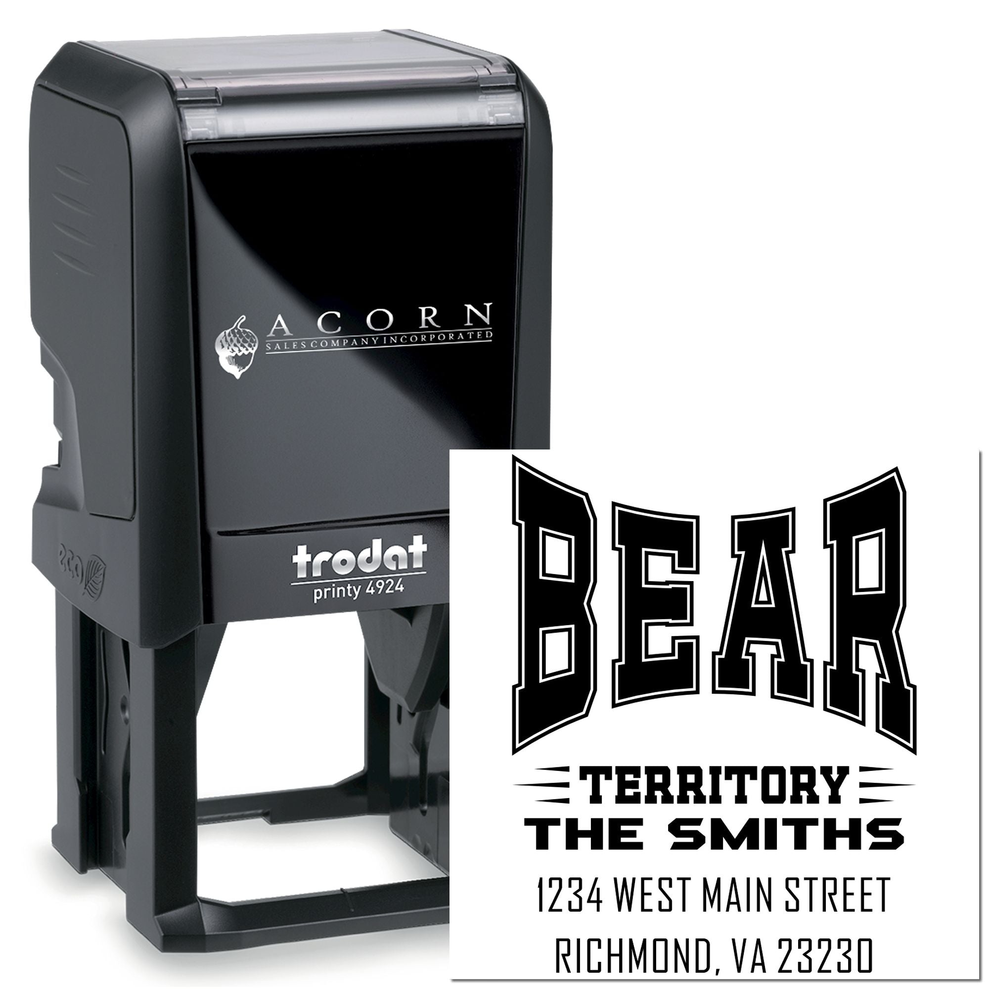 Trodat Printy 4924 custom self-inking rubber stamp with Bear Territory family address design for personalized mail and sports fans.