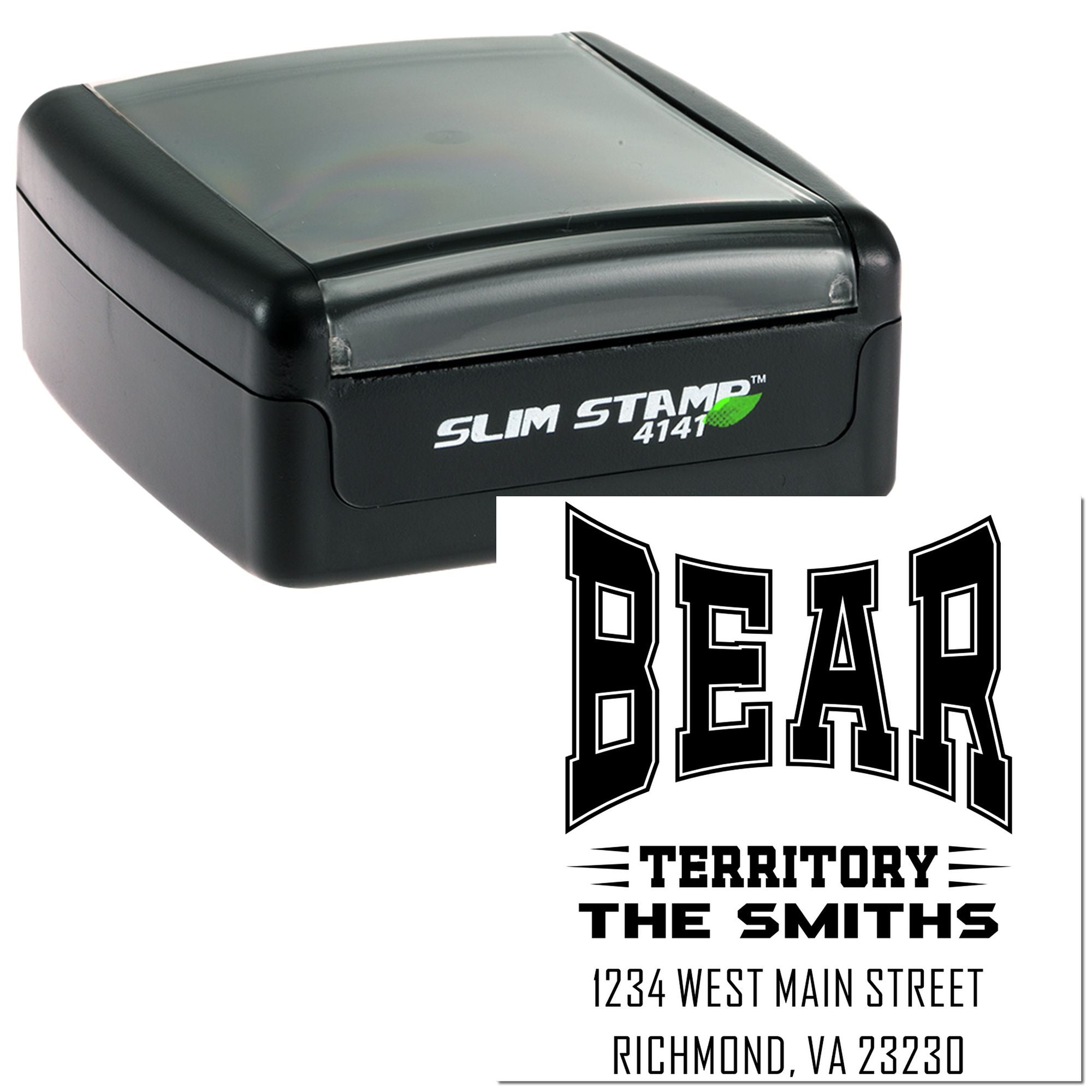Custom self-inking rubber address stamp for The Smiths, featuring Bear Territory design and Richmond, VA return address.