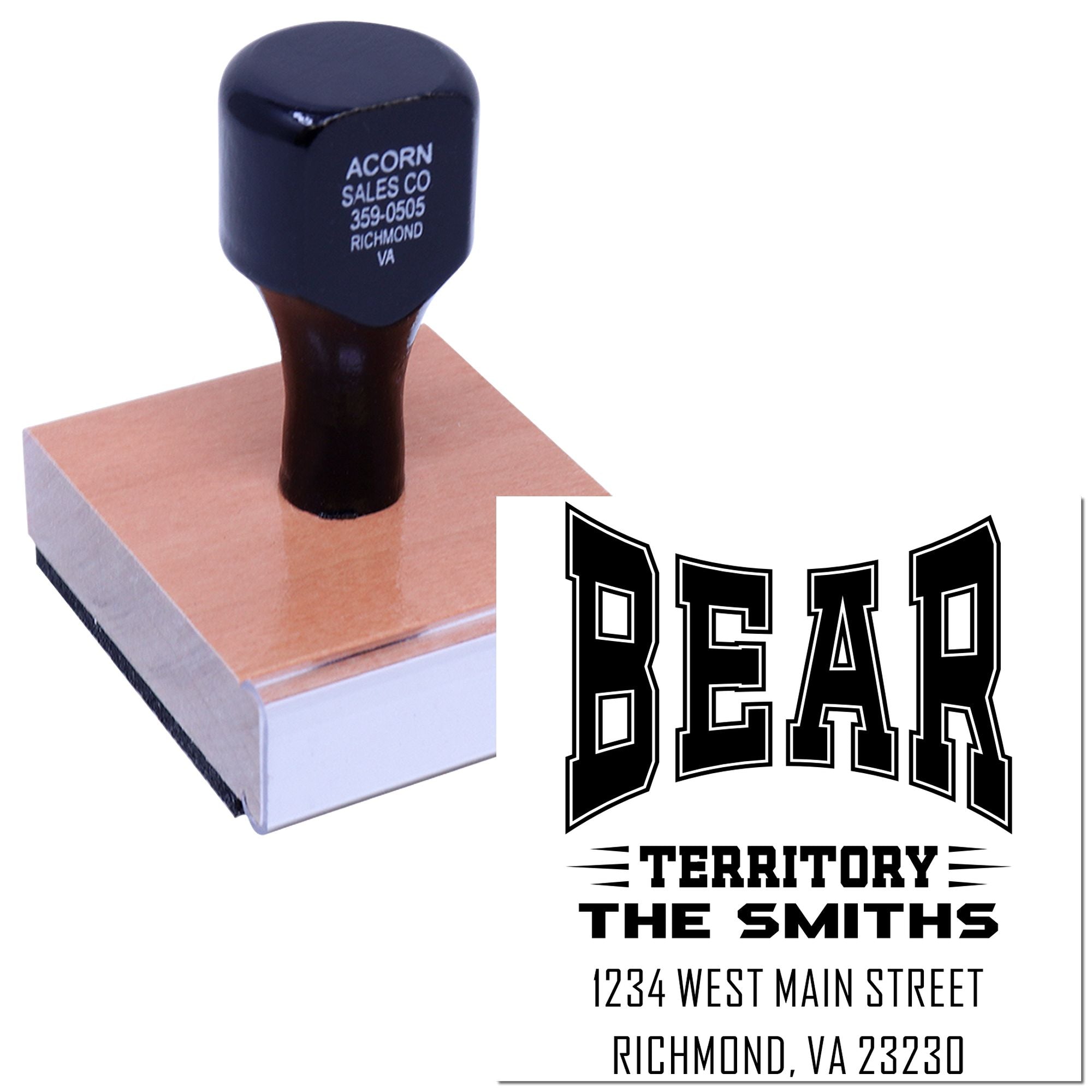 Custom rubber stamp showing personalized name and address imprint for business or mailing use.