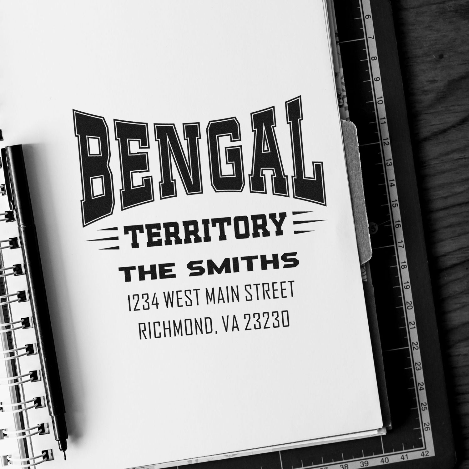 Custom address rubber stamp proof for Bengal Territory: The Smiths, Richmond, VA 23230, personalized return address.