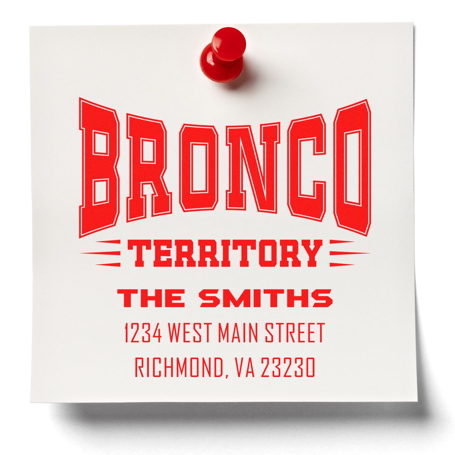 Custom red rubber stamp for Bronco Territory, The Smiths, with Richmond, VA 23230 address.