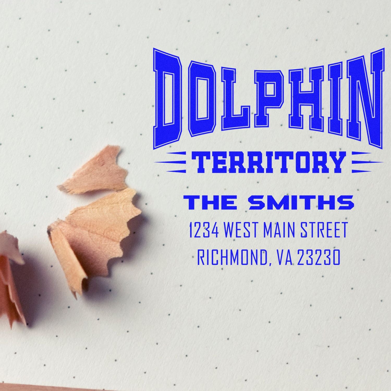 Custom rubber stamp design for Dolphin Territory, The Smiths, with address 1234 West Main Street, Richmond, VA 23230.