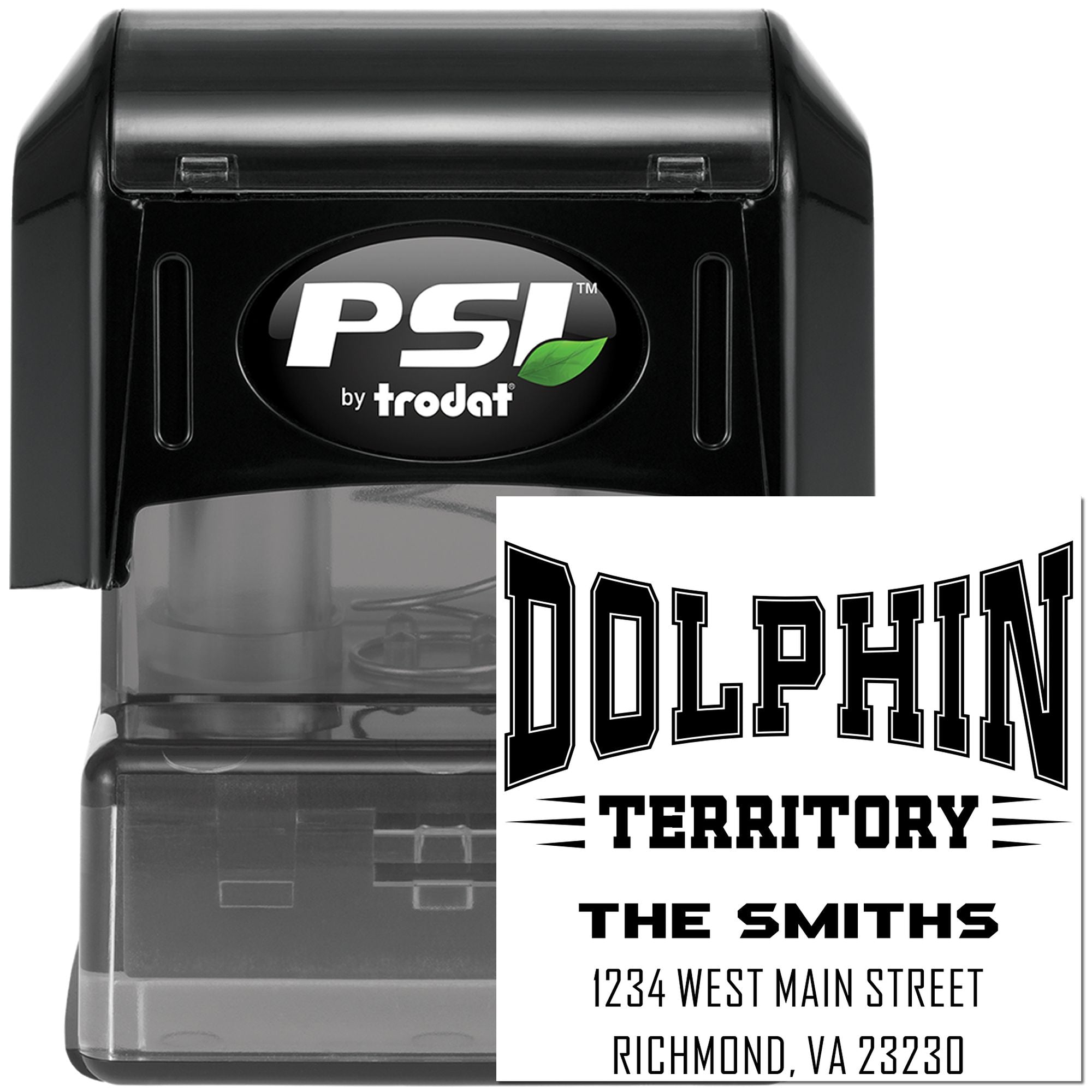 PSI by Trodat self-inking custom rubber stamp with Dolphin Territory family address design