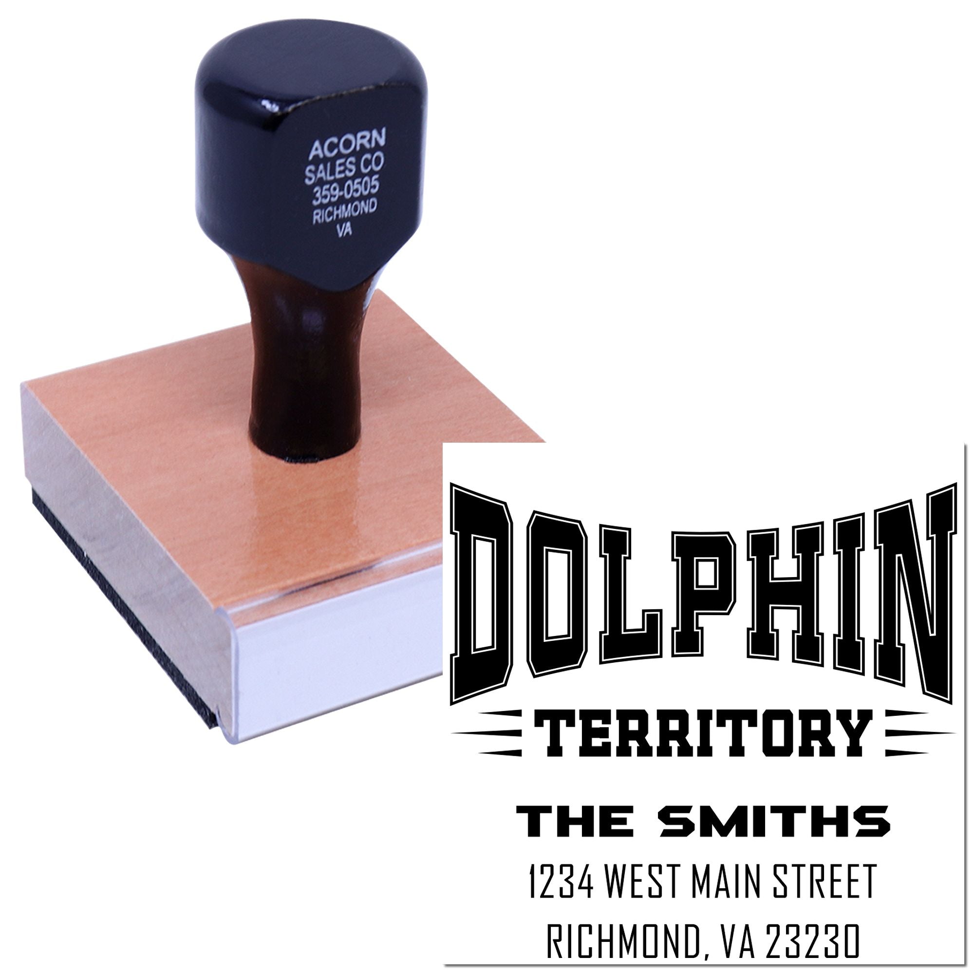 Custom rubber address stamp with Dolphin Territory logo, The Smiths name, and Richmond, VA address.