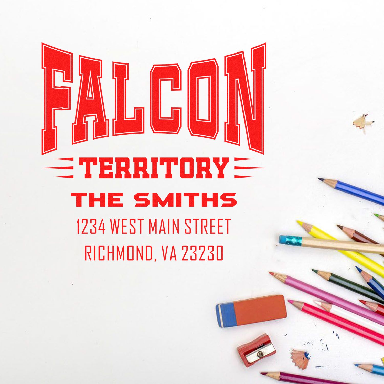 Custom Falcon Territory rubber stamp design for The Smiths, featuring address details in Richmond, VA 23230.