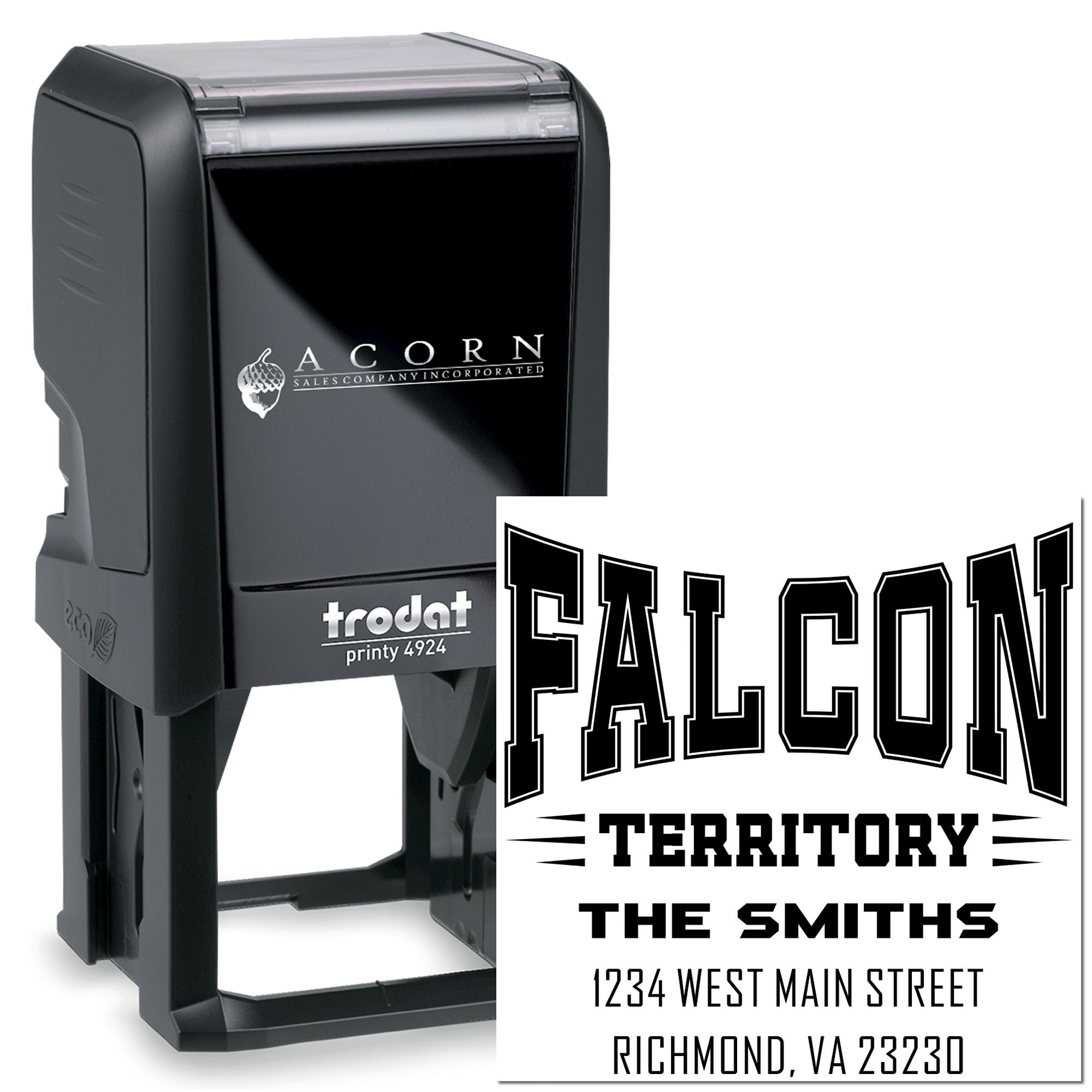 Custom self-inking rubber stamp, Trodat Printy 4924, with Falcon Territory address imprint for The Smiths in Richmond, VA 23230.