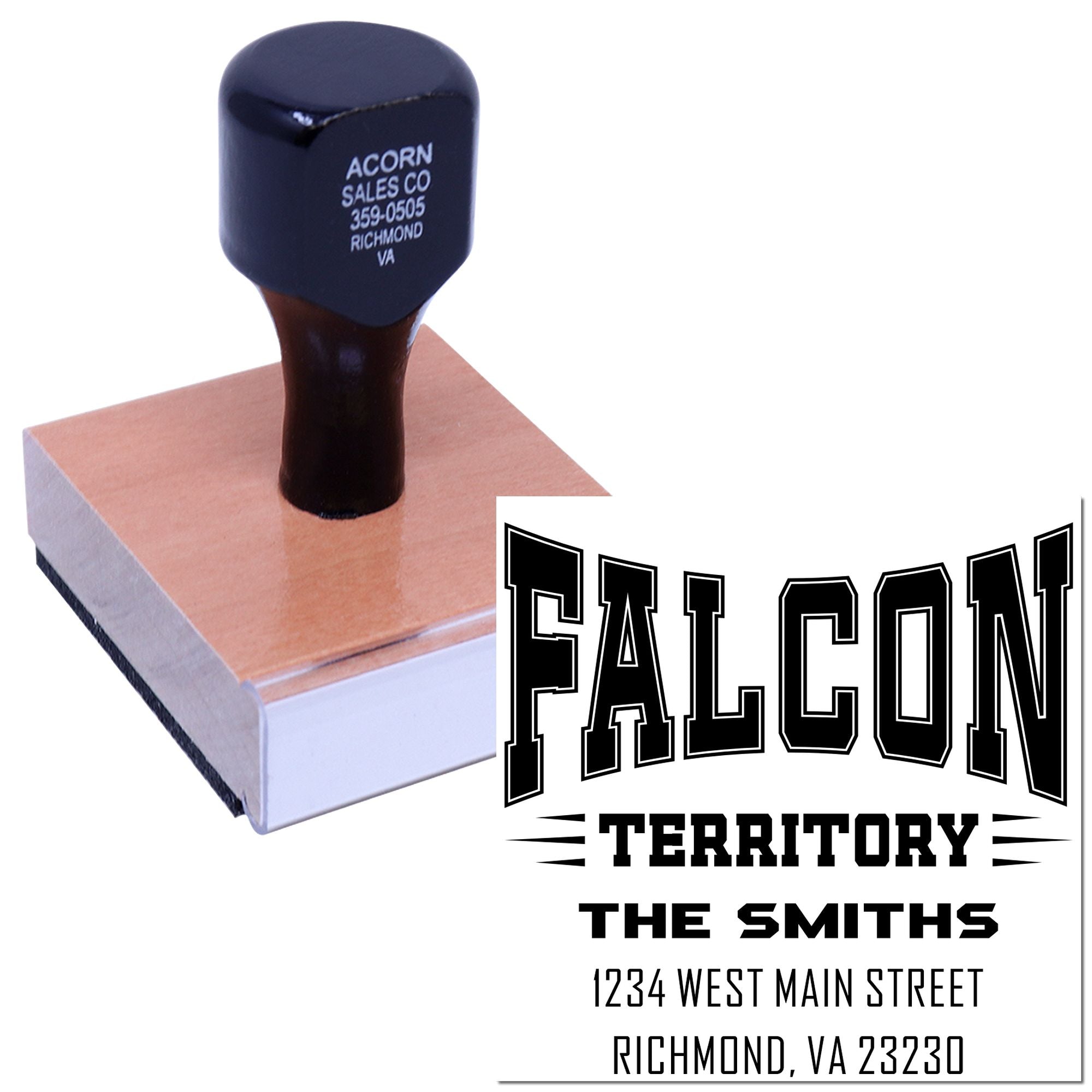 Custom rubber address stamp with Falcon Territory logo and The Smiths return mailing details.
