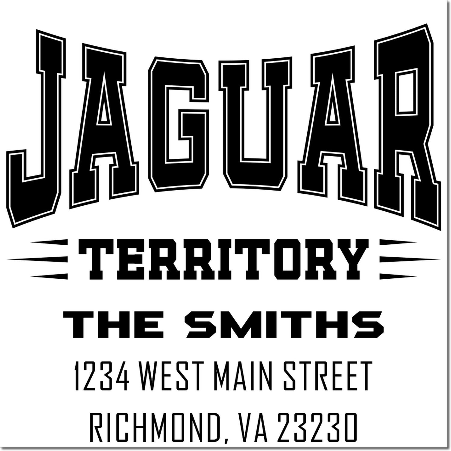 Custom rubber stamp design for Jaguar Territory, The Smiths, with Richmond, VA address for mailing and branding.