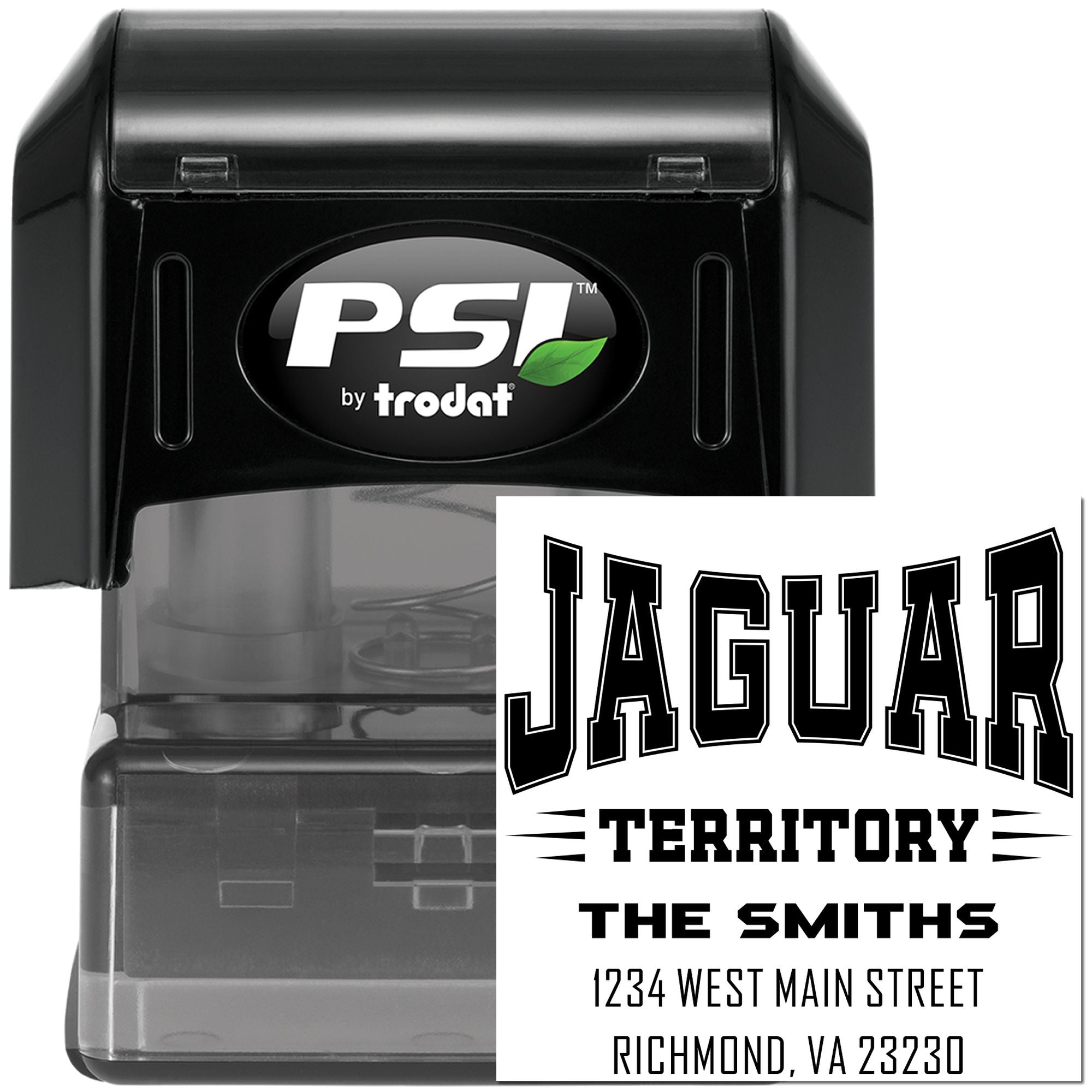 PSI by Trodat self-inking rubber stamp with custom Jaguar Territory address imprint for The Smiths, Richmond, VA 23230