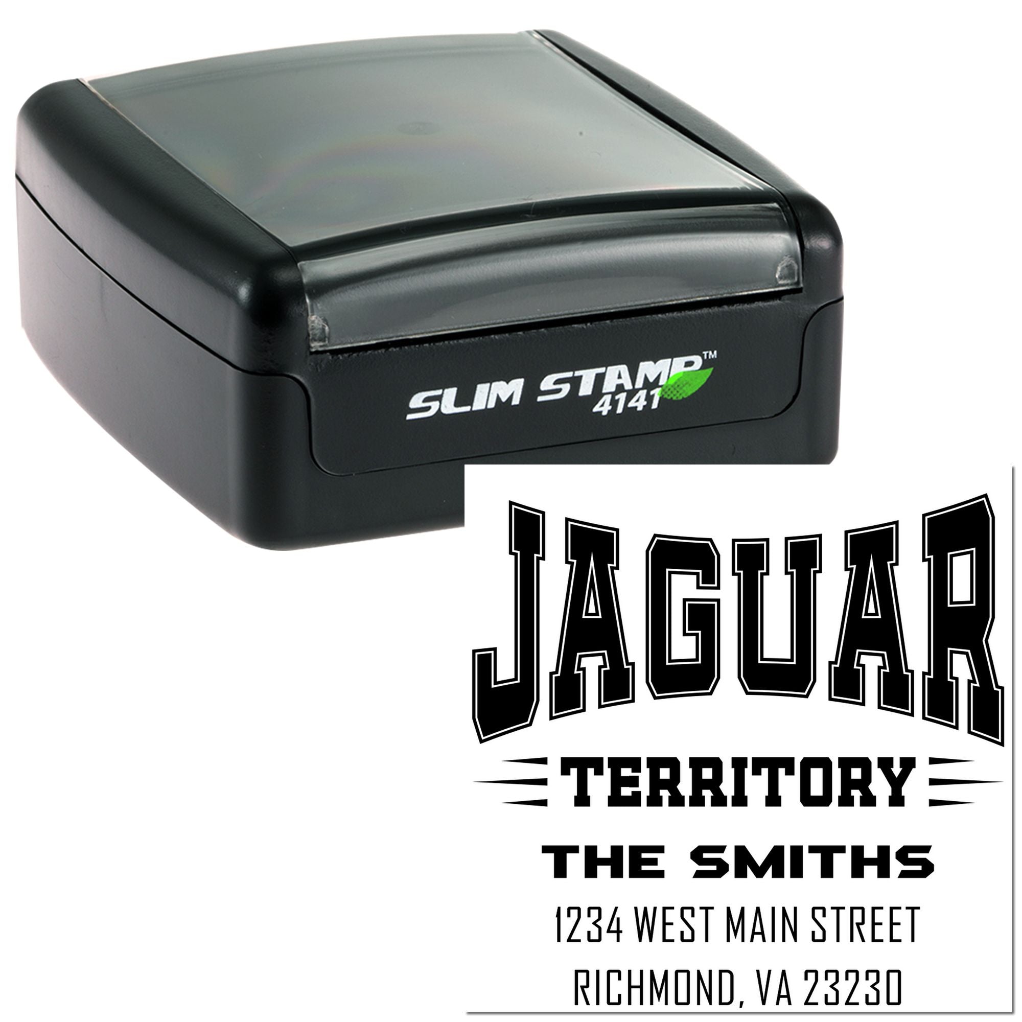 Custom self-inking address rubber stamp with Jaguar Territory design, family name, and mailing address for personalized branding.