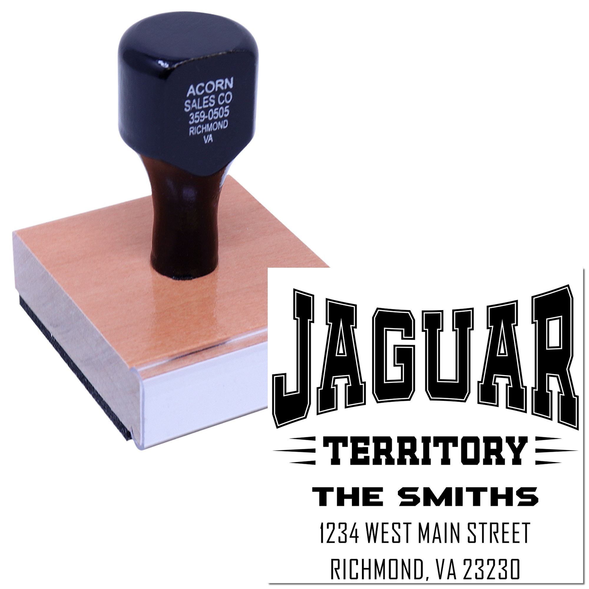 Custom rubber address stamp with Jaguar Territory design and The Smiths address for quick return-address stamping.