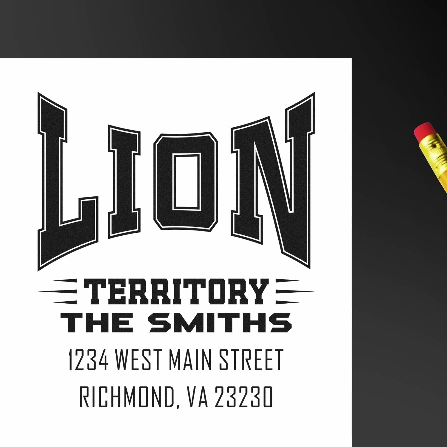 Custom lion territory rubber stamp for The Smiths, with address 1234 West Main Street, Richmond, VA 23230.