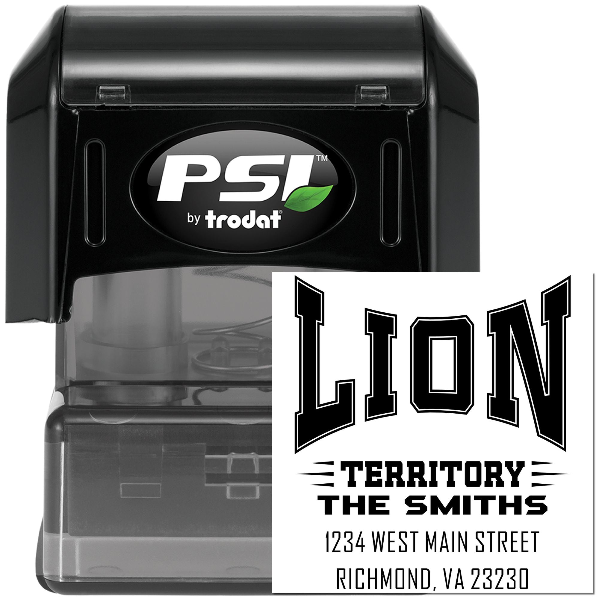 Custom PSI Trodat self-inking rubber stamp with Lion Territory family name and address imprint sample.