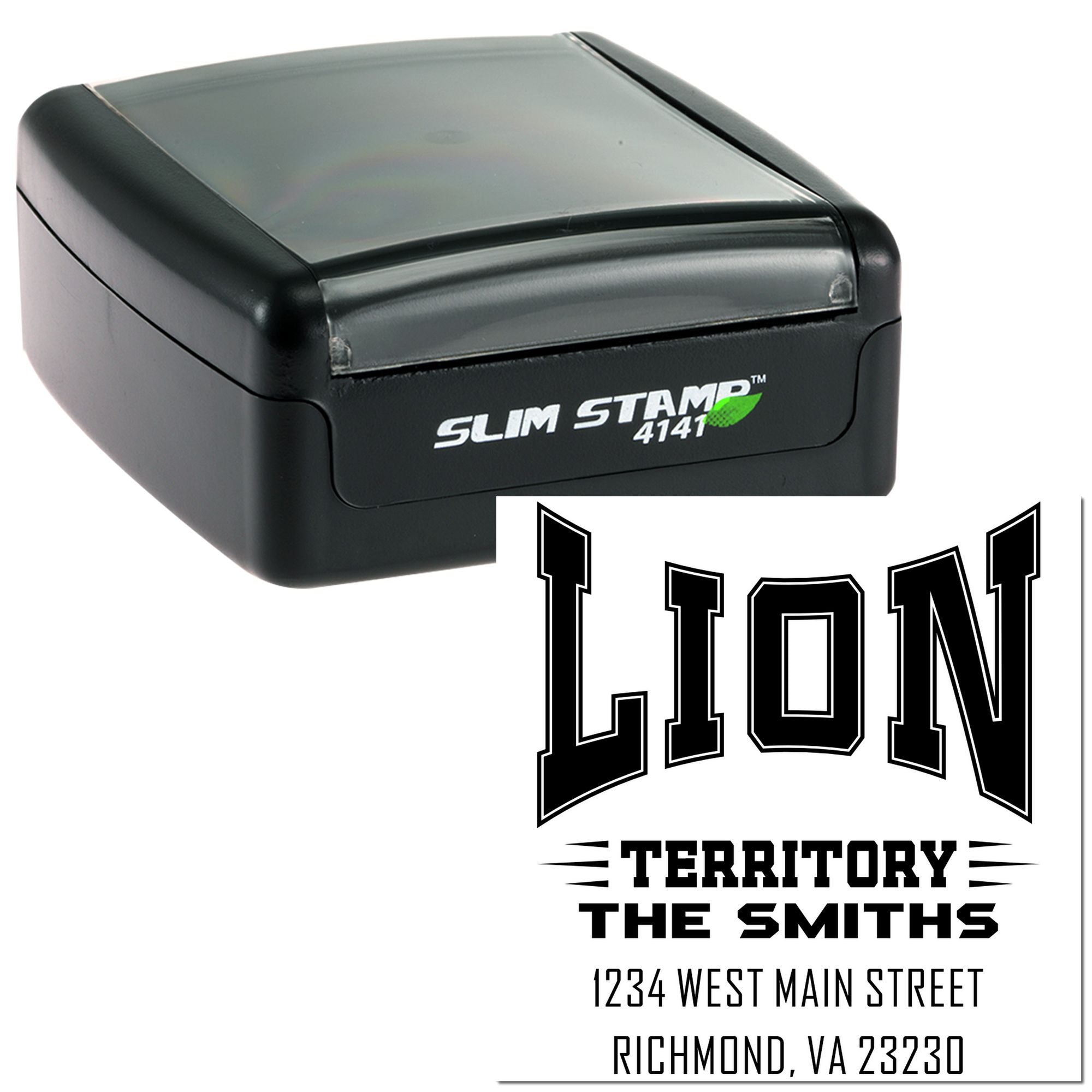 Slim Stamp self-inking rubber stamp design for The Smiths, featuring Lion Territory text and Richmond, VA return address.