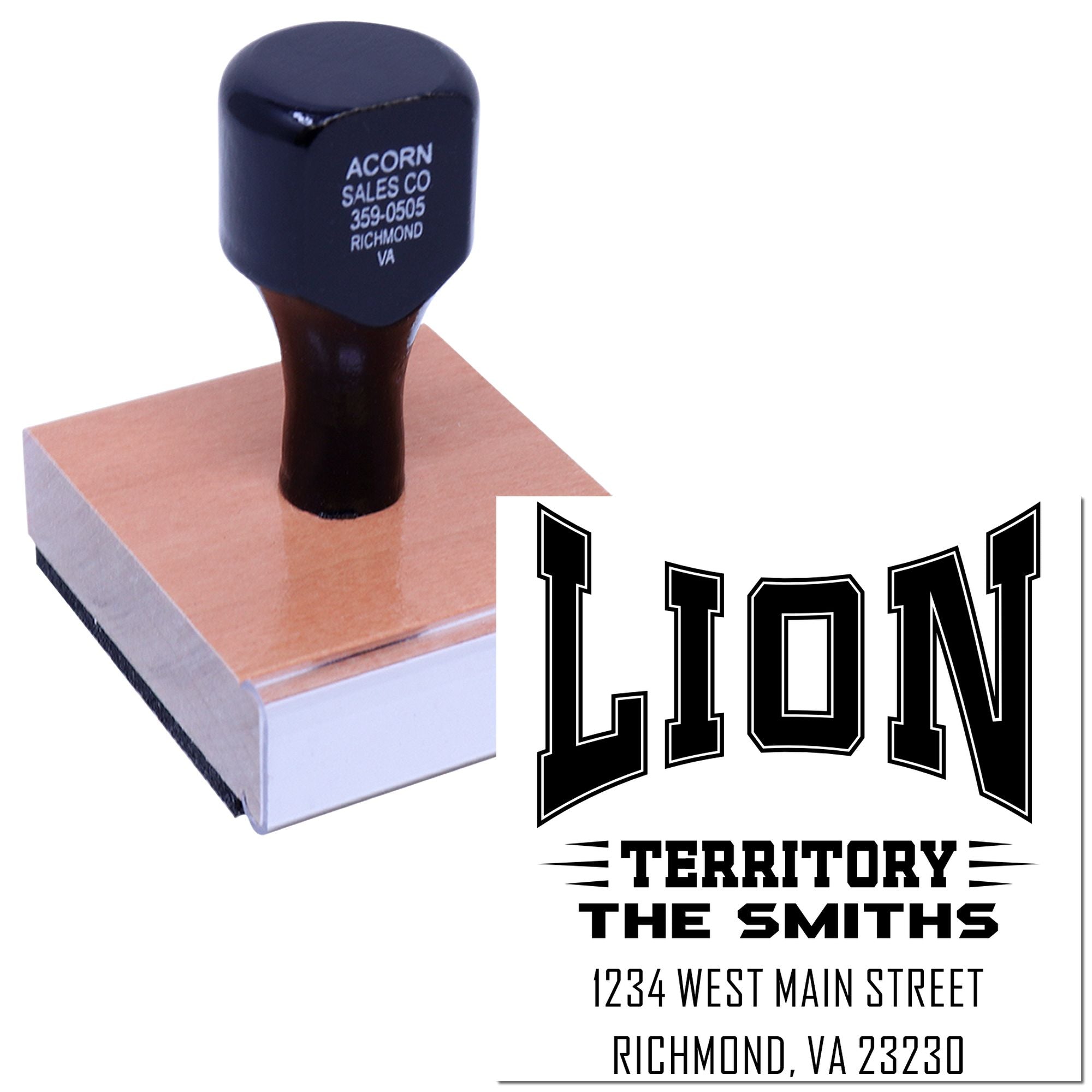 Custom lion territory address rubber stamp with family name and Richmond, VA return address design