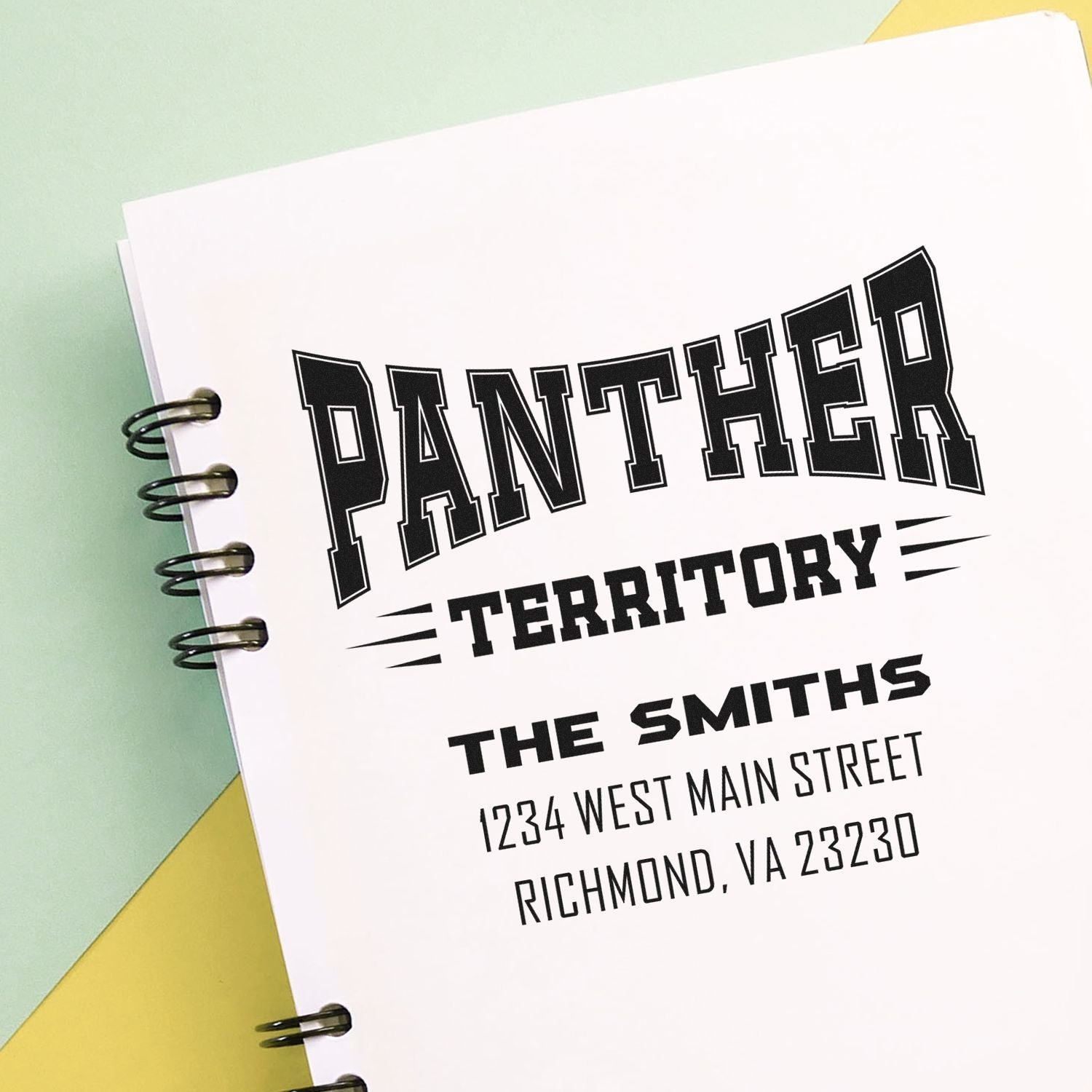 Personalized Panther Territory return address rubber stamp for The Smiths, 1234 West Main St, Richmond, VA 23230.