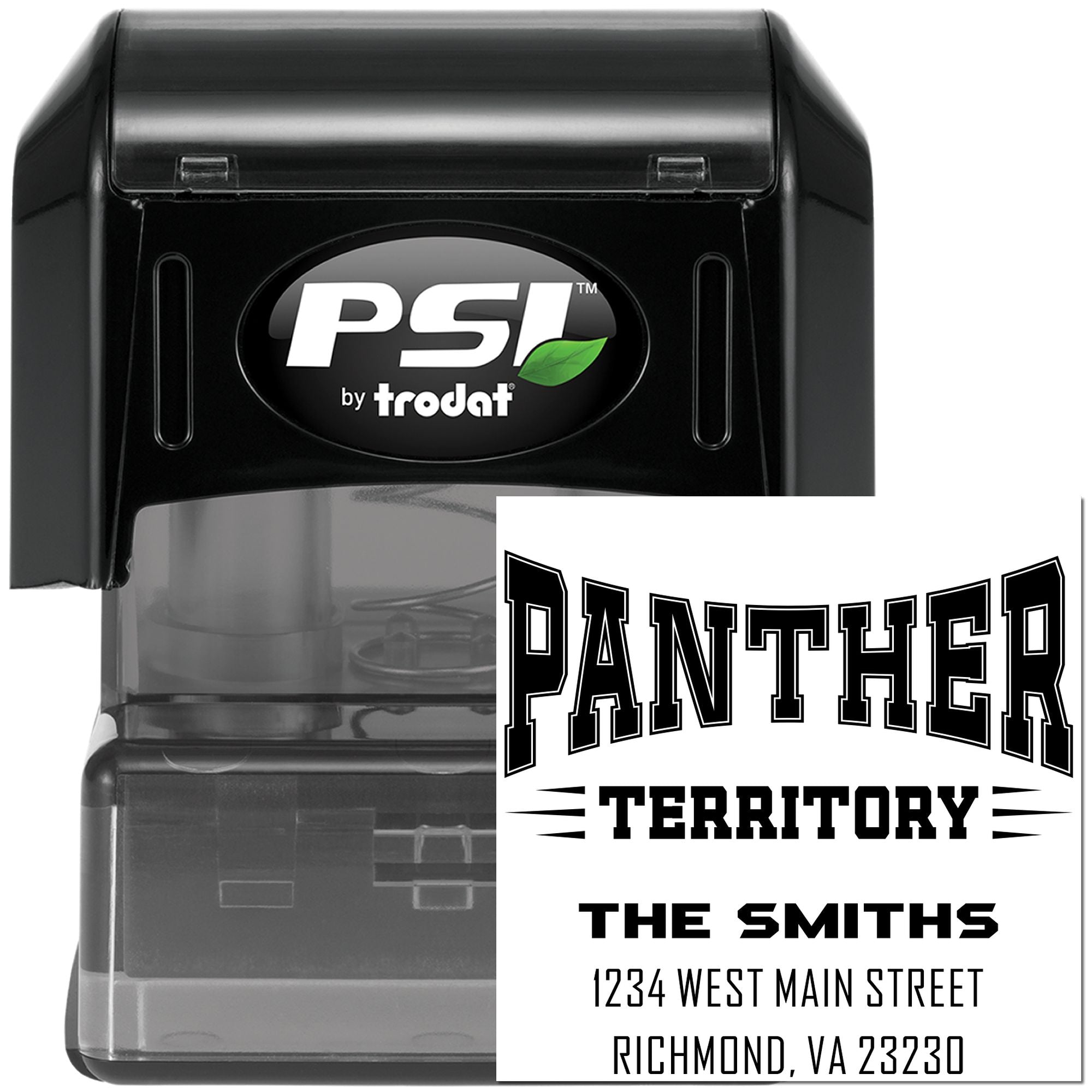 Custom self-inking rubber address stamp for The Smiths, Panther Territory, Richmond, VA, by PSI Trodat