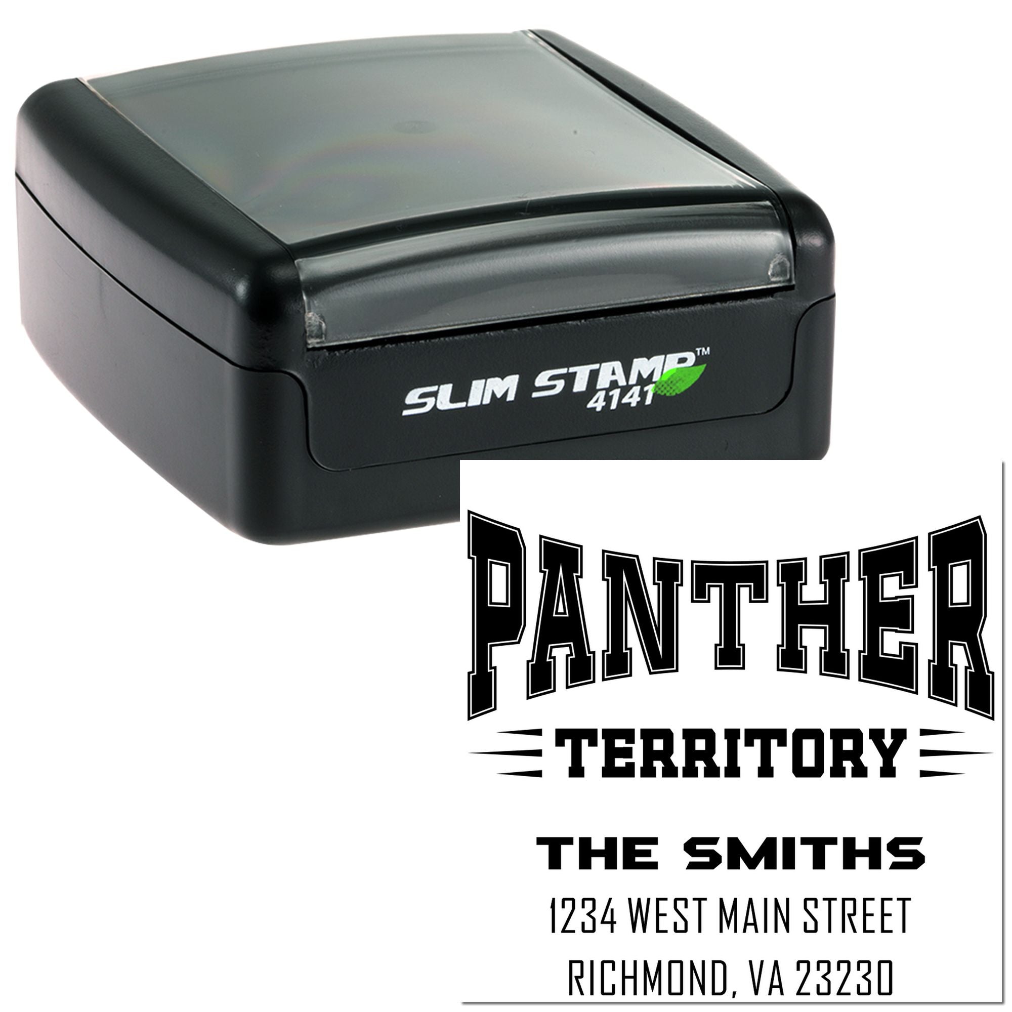 Slim self-inking rubber address stamp showing Panther Territory family design for The Smiths.