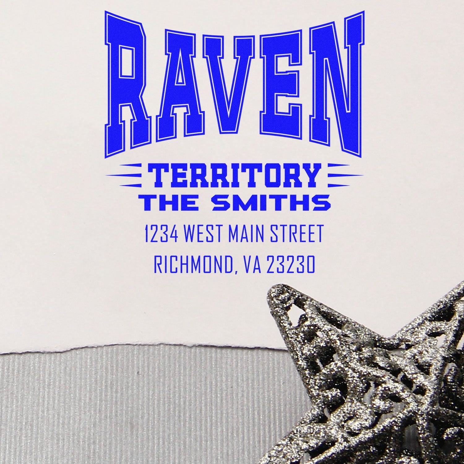 Custom blue Raven Territory rubber stamp for The Smiths with address, Richmond, VA 23230
