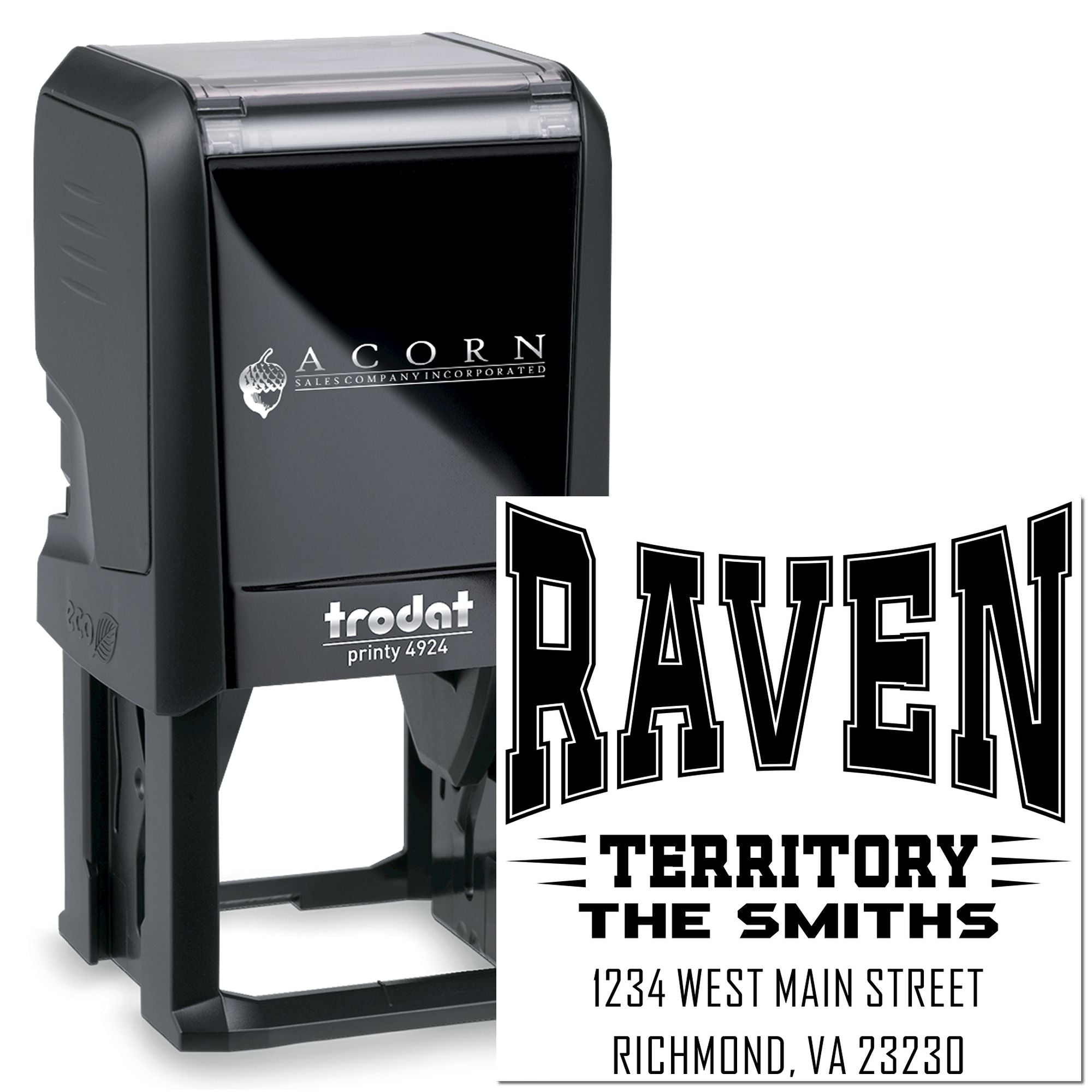 Custom self-inking rubber stamp for address imprint, Trodat Printy 4924, with Raven Territory family name design.