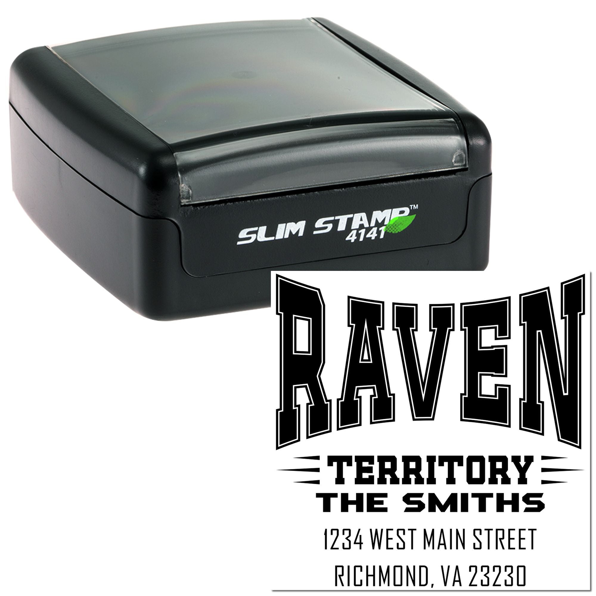 Personalized self-inking rubber stamp with Raven Territory design and The Smiths Richmond, VA return address.