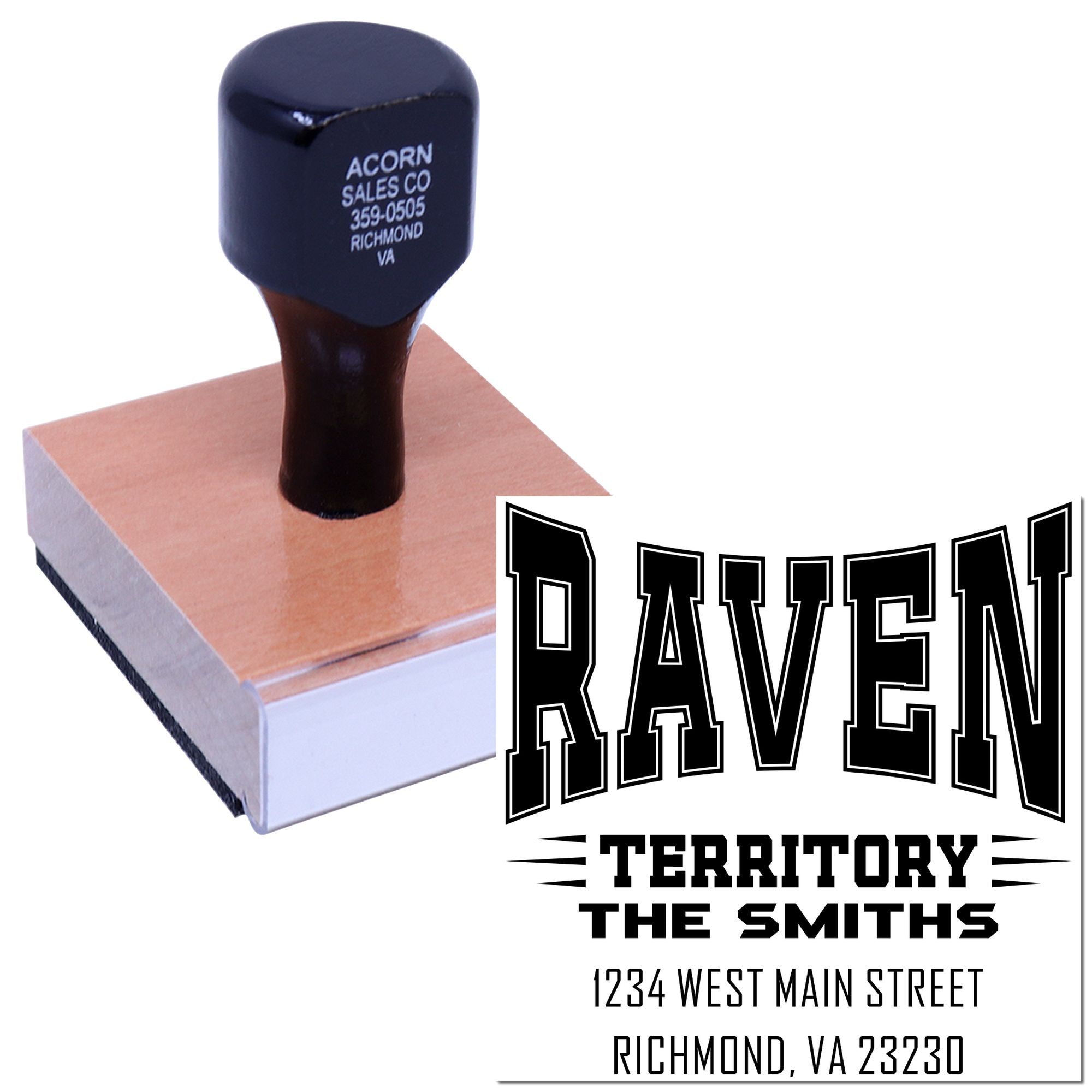 Custom return address rubber stamp for Raven Territory The Smiths, showing business logo and Richmond, VA address.