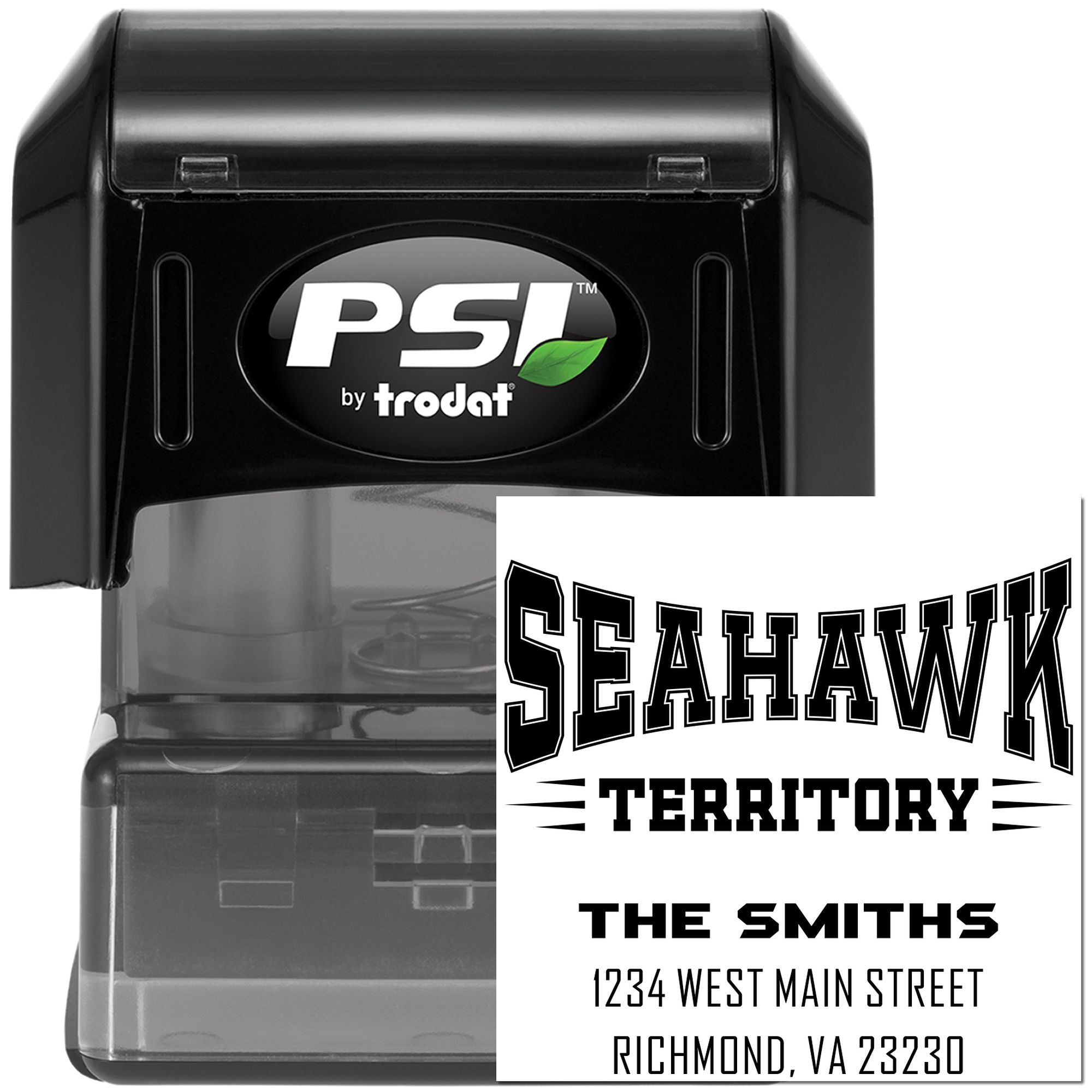PSI by Trodat self-inking rubber stamp with custom Seahawk Territory return address for personalized mailing.