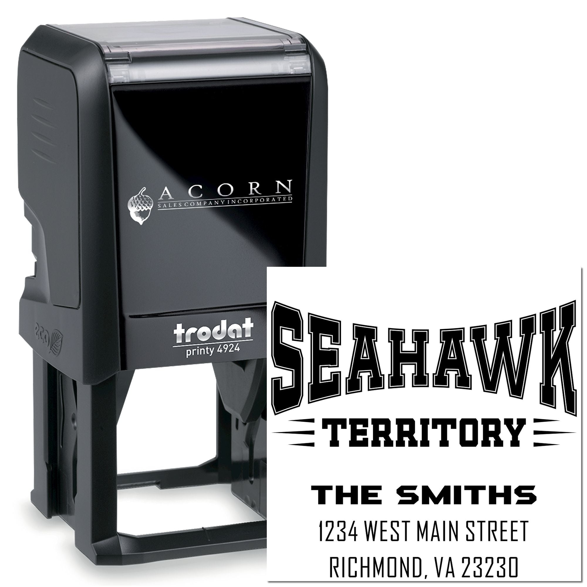 Personalized self-inking rubber stamp for Seahawk Territory return address, The Smiths, Richmond VA.