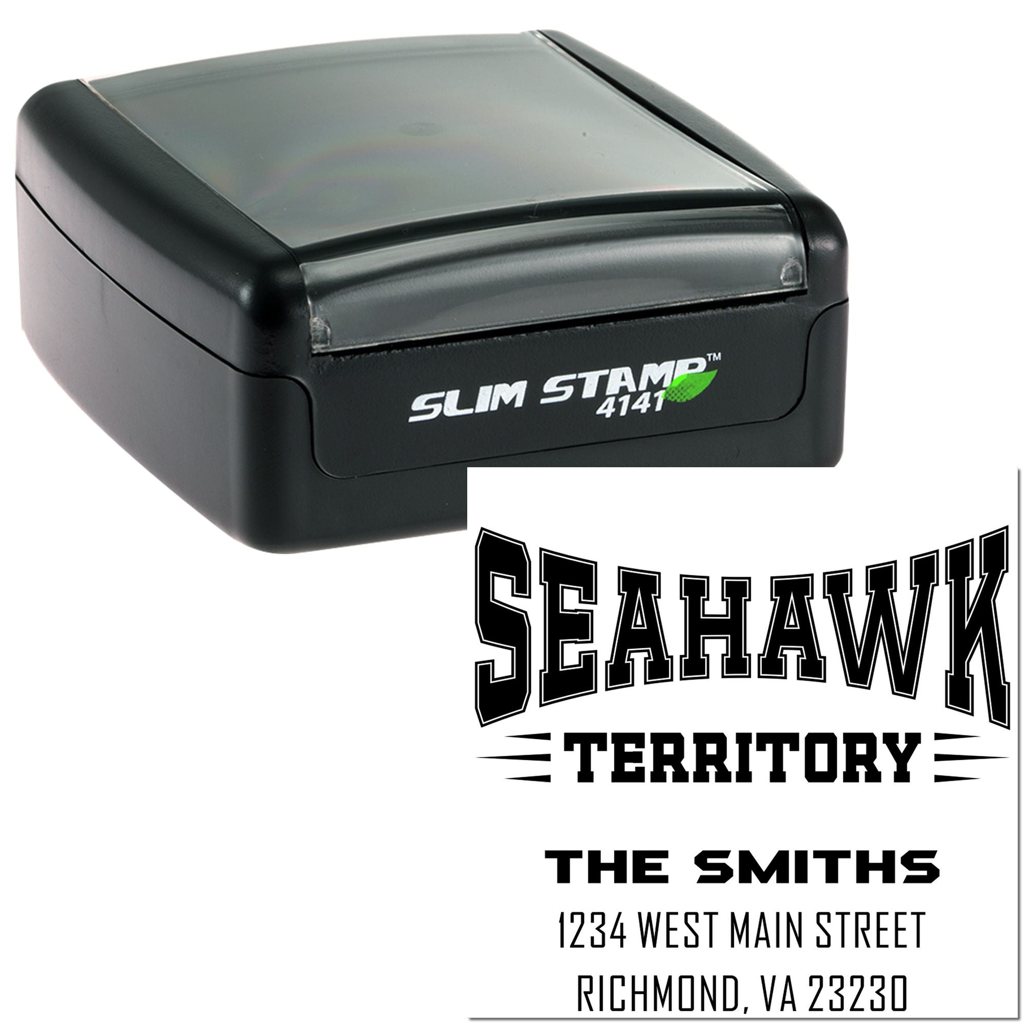 Personalized self-inking rubber stamp with custom Seahawk Territory name and address imprint.