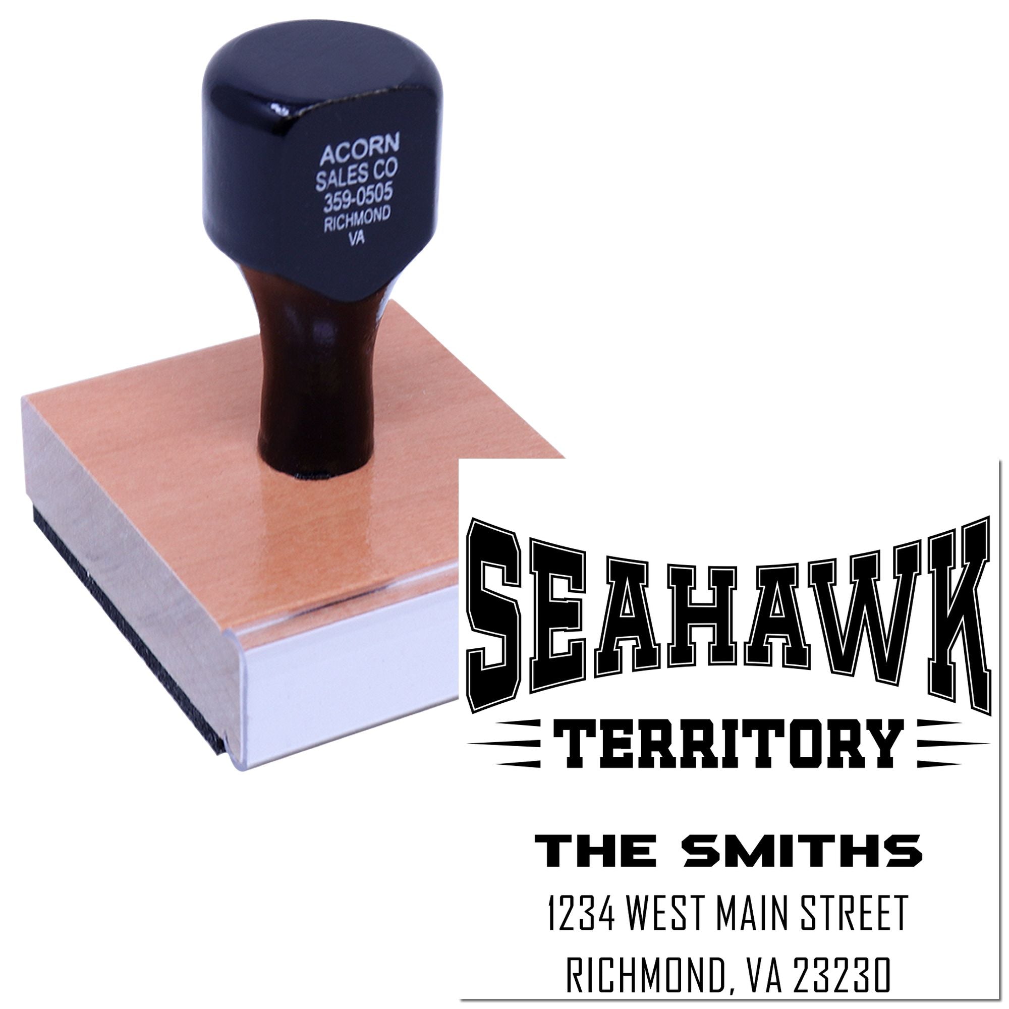 Custom rubber stamp proof with Seahawk Territory logo and The Smiths address for personalized return or business stamping.