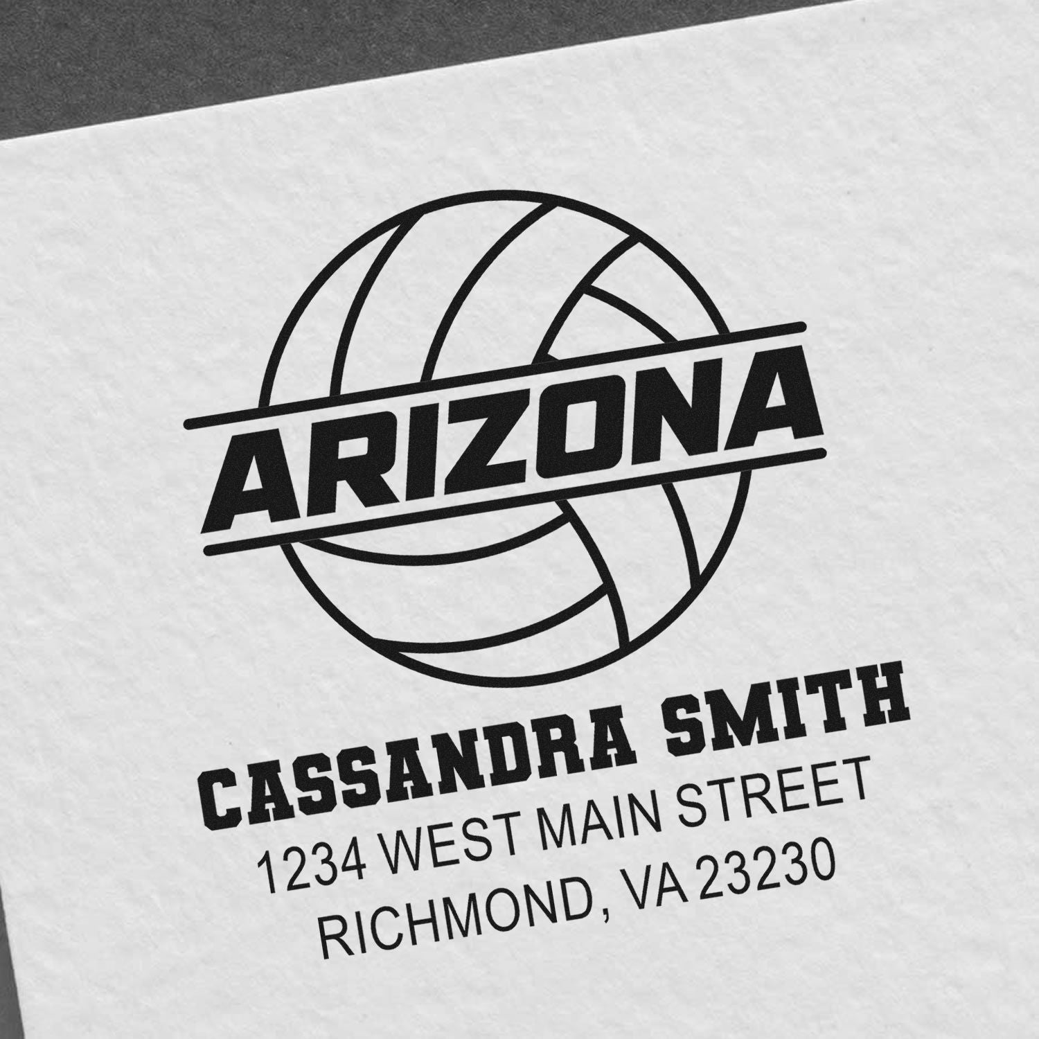 Custom Arizona volleyball return address rubber stamp for Cassandra Smith, with name and Richmond, VA mailing address.