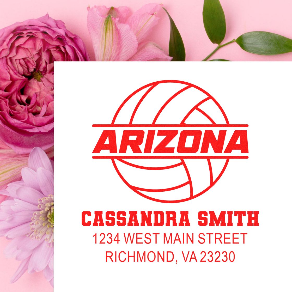 Custom Arizona volleyball return address rubber stamp for Cassandra Smith, Richmond, VA 23230.