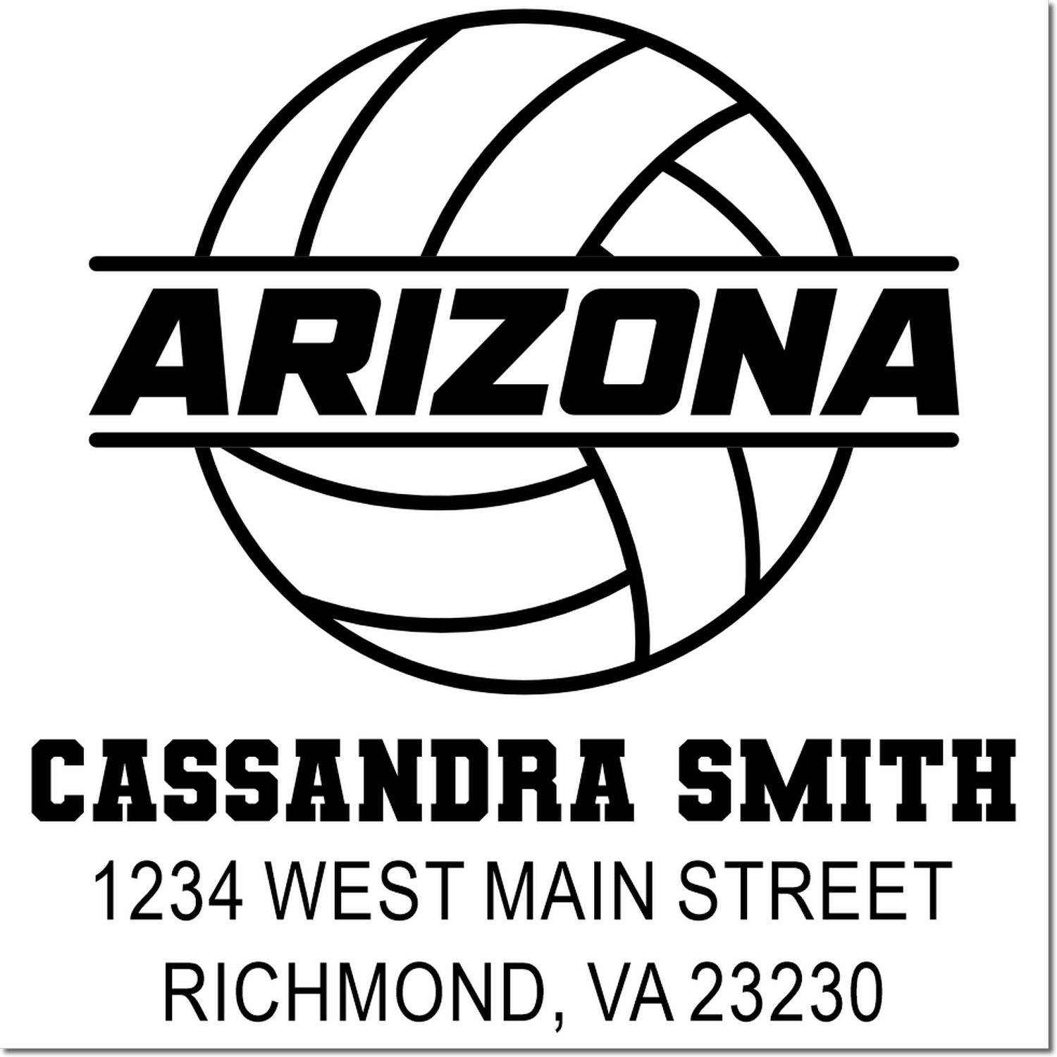Custom Arizona volleyball rubber stamp for Cassandra Smith with address, 1234 West Main Street, Richmond, VA 23230.
