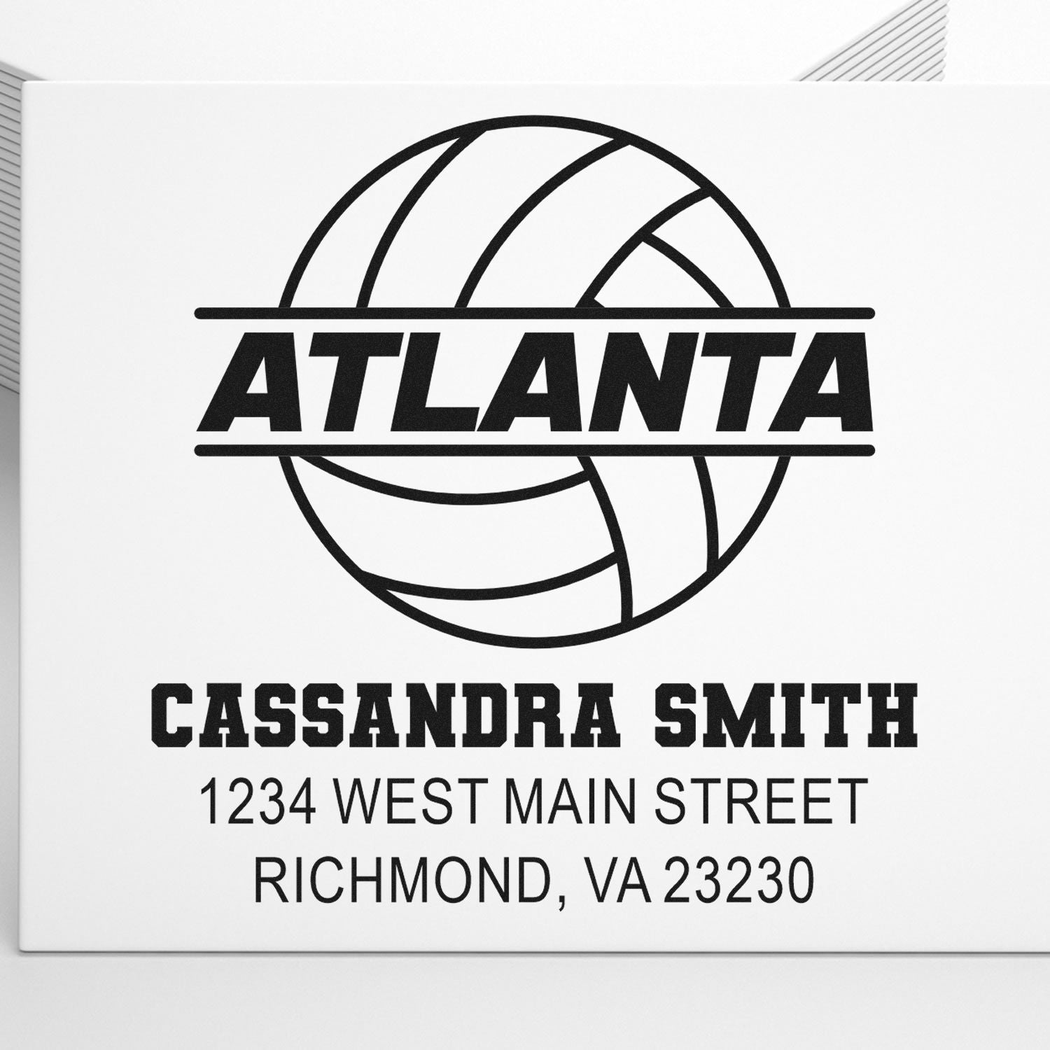 Custom Atlanta volleyball return address rubber stamp with Cassandra Smith name and Richmond, VA mailing details.