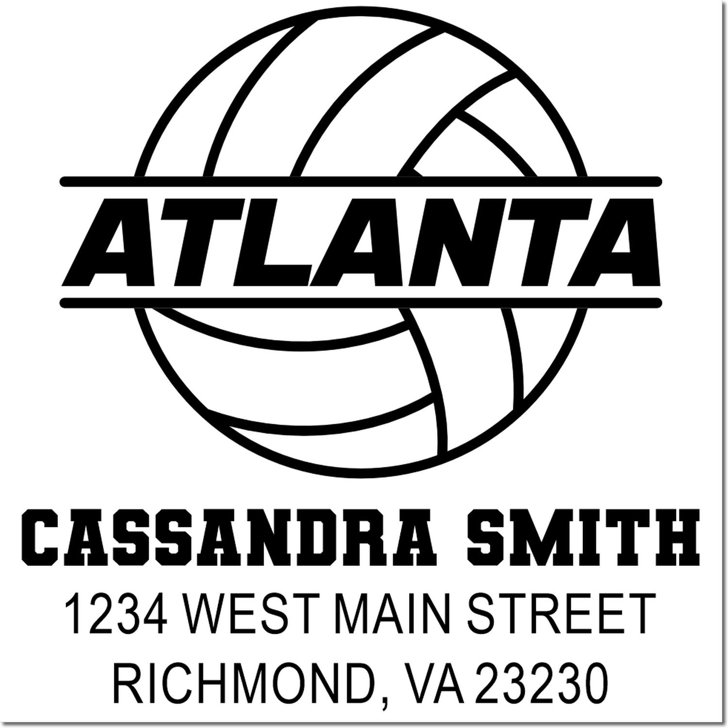 Atlanta volleyball custom rubber stamp with Cassandra Smith address, 1234 West Main Street, Richmond, VA 23230