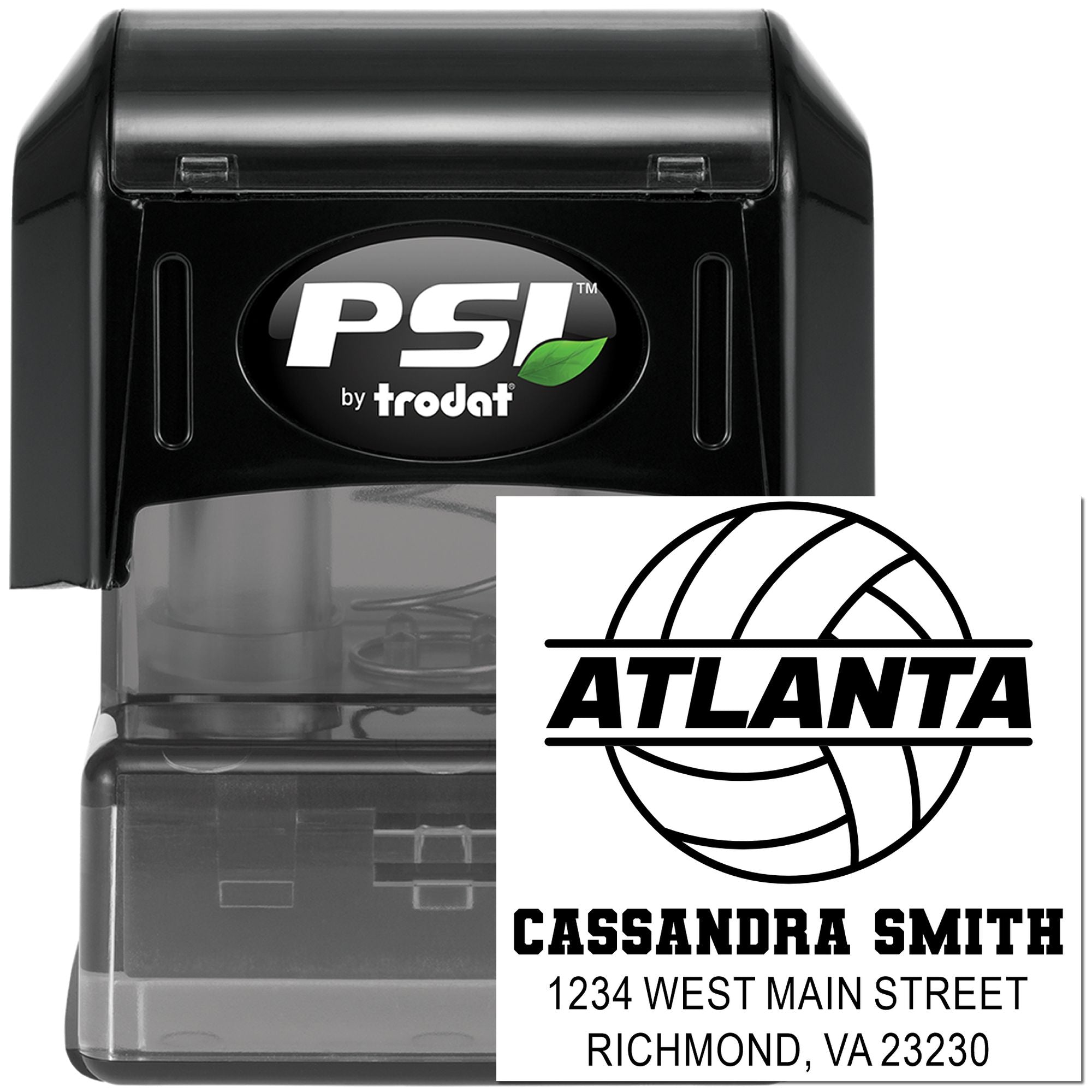 Custom self-inking return address rubber stamp with Atlanta logo, Cassandra Smith name, and Richmond, VA address.