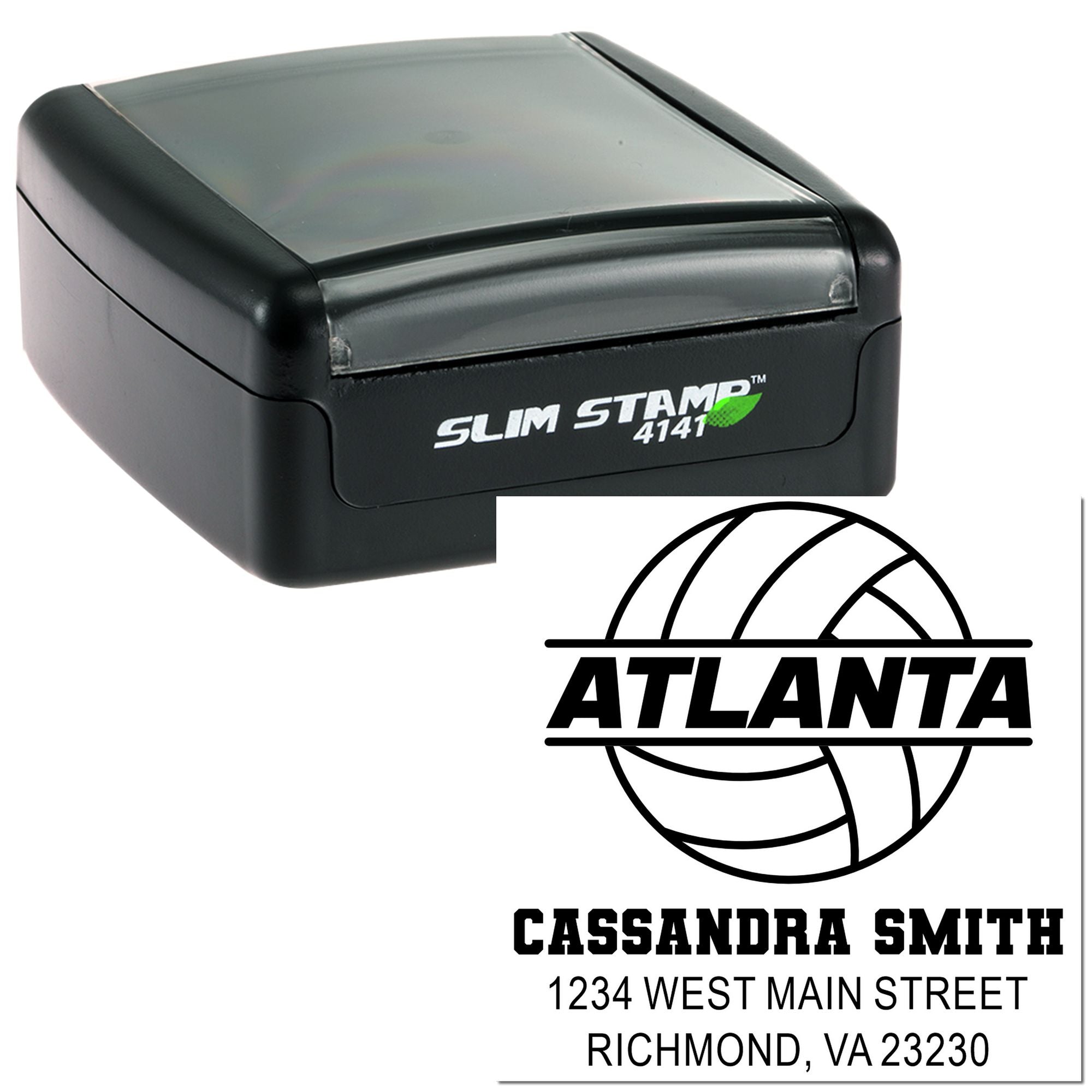 Custom self-inking rubber stamp with Atlanta logo, Cassandra Smith name, and return address for business mailing.